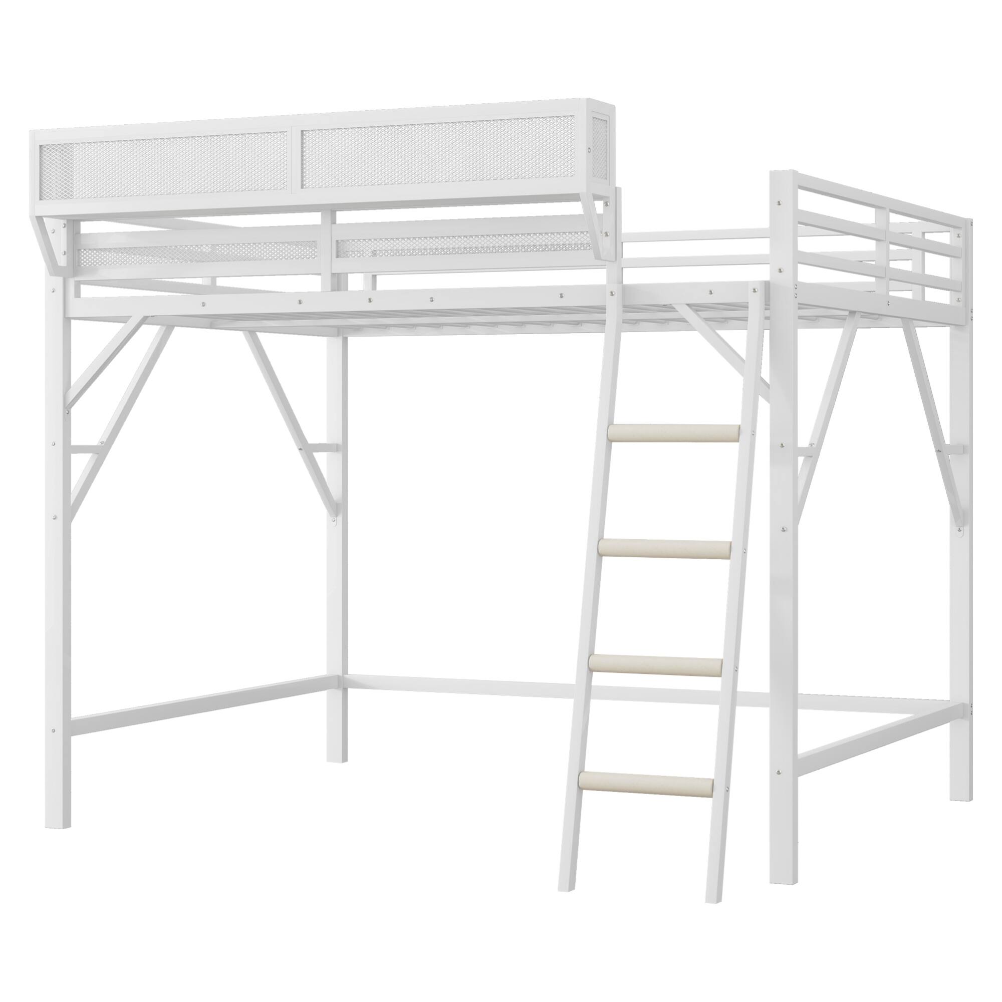 Alt View 4. GOODSILO - Queen Size Metal Loft Bed with Storage Shelves and Ladder for Kids and Teens - White.