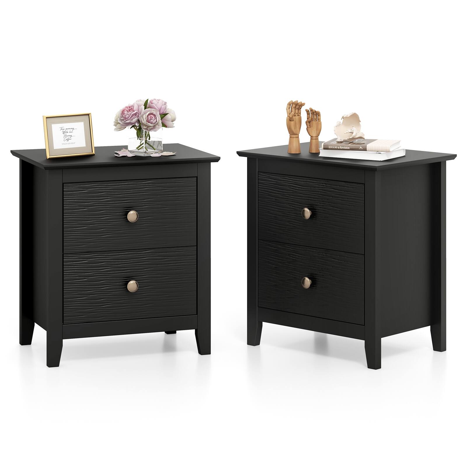 Front. Gymax - Gymax 2PCS Modern Nightstand w/ Storage 2 Drawers & Support Legs for Bedroom White - Black.