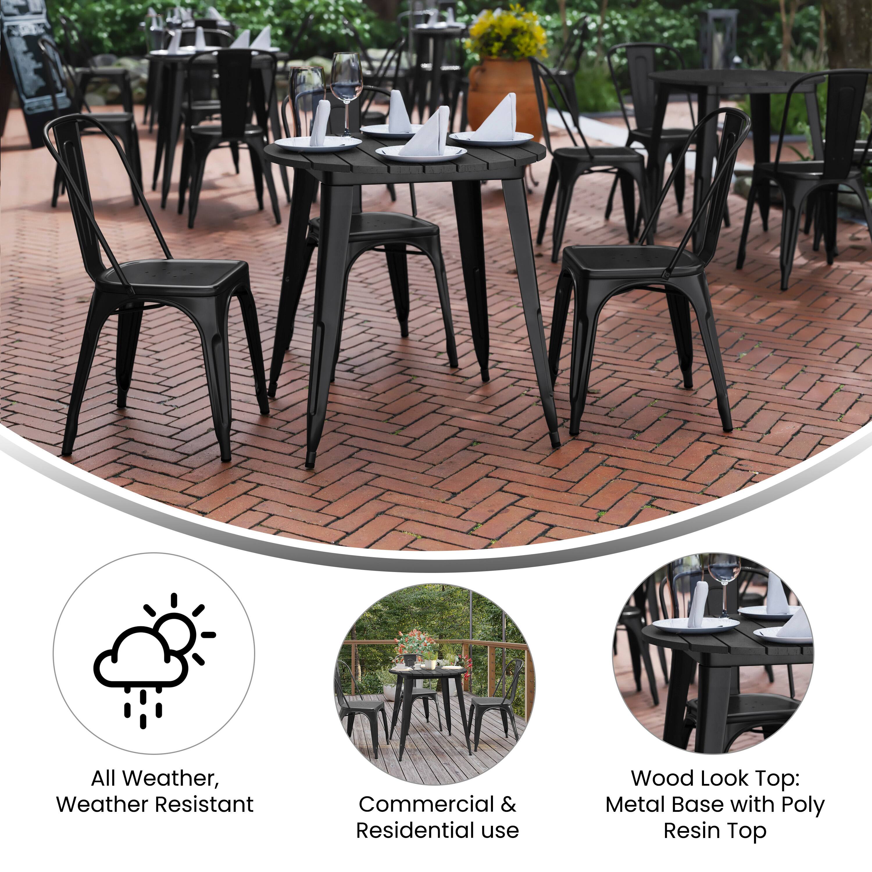 All Weather, Weather Resistant  
Commercial & Residential use  
Wood Look Top: Metal Base with Poly Resin Top