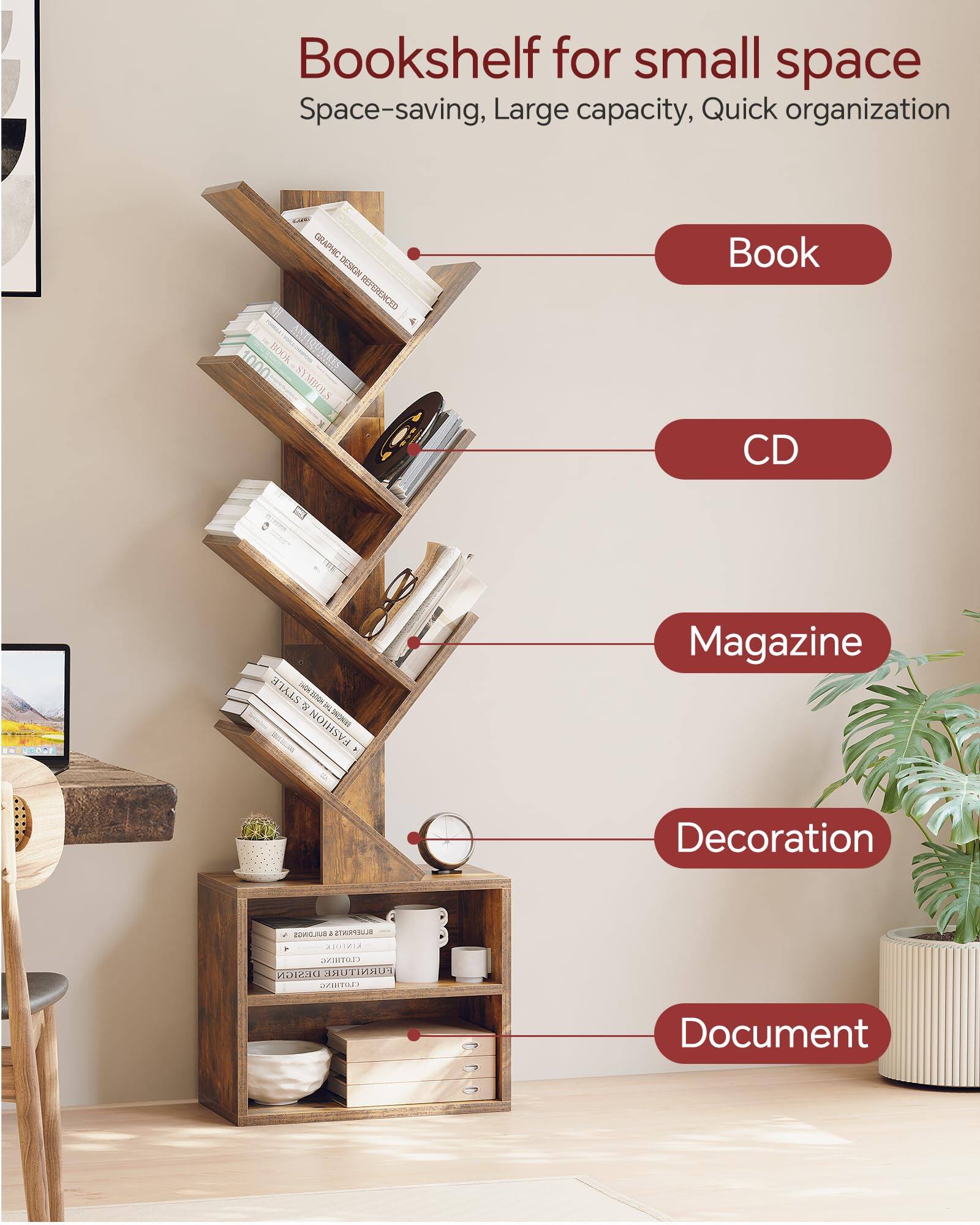 Bookshelf for small space  
Space-saving, Large capacity, Quick organization  

- Book  
- CD  
- Magazine  
- Decoration  
- Document
