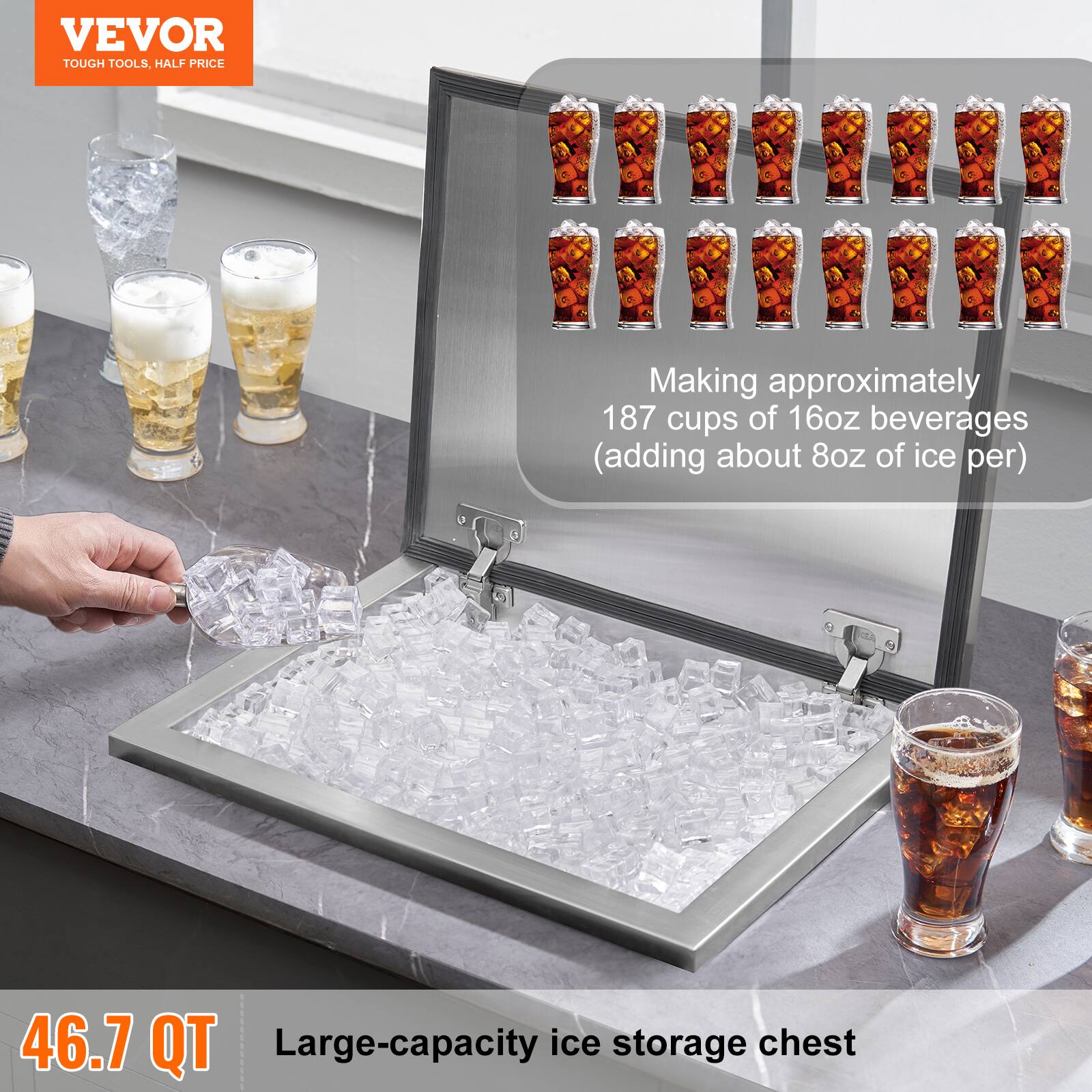 VEVOR  
TOUGH TOOLS, HALF PRICE  

Making approximately 187 cups of 16oz beverages (adding about 8oz of ice per)  

46.7 QT  
Large-capacity ice storage chest