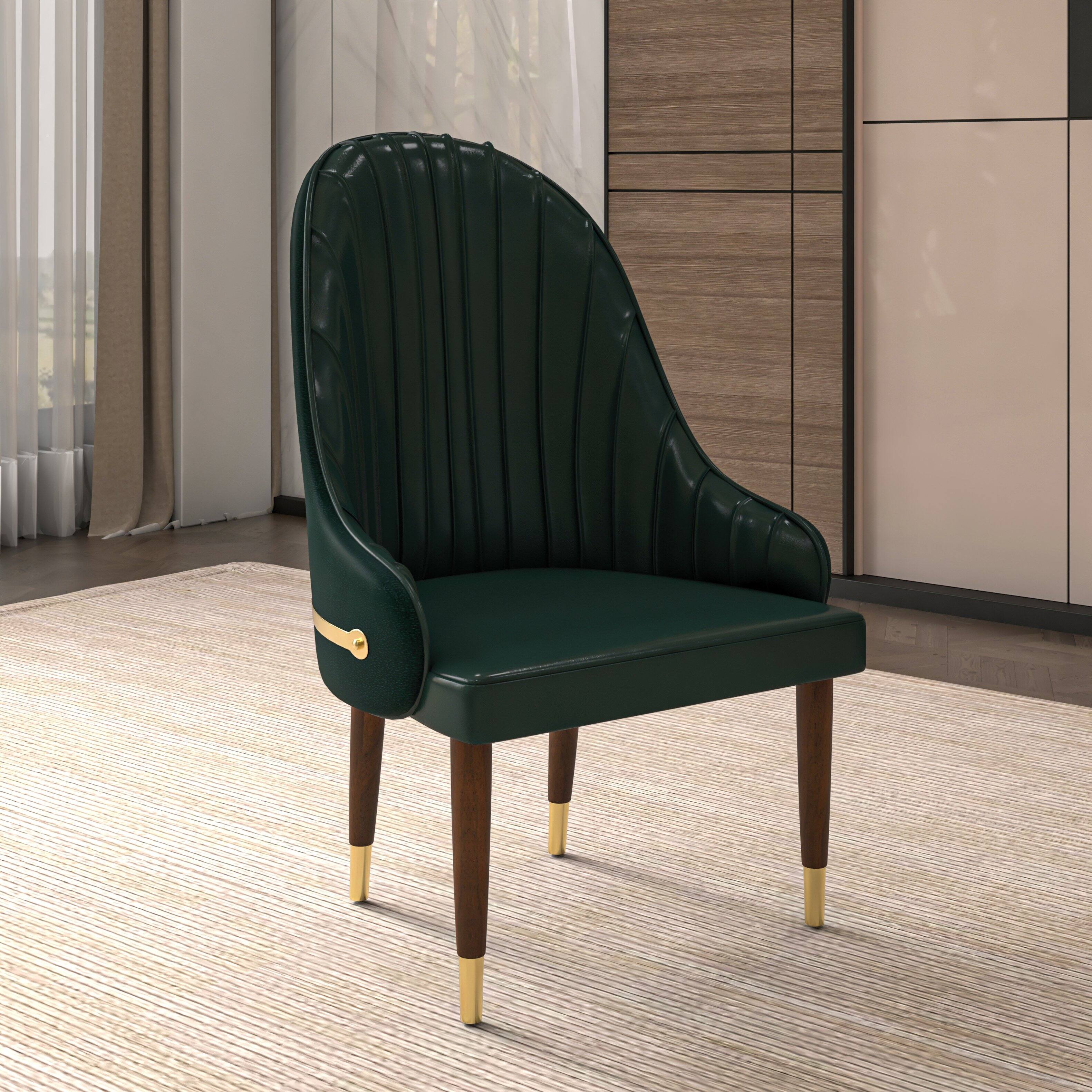 Angle. LeisureMod - Elara Modern Vegan Leather Dining Chair with Rubberwood Frame - Green.