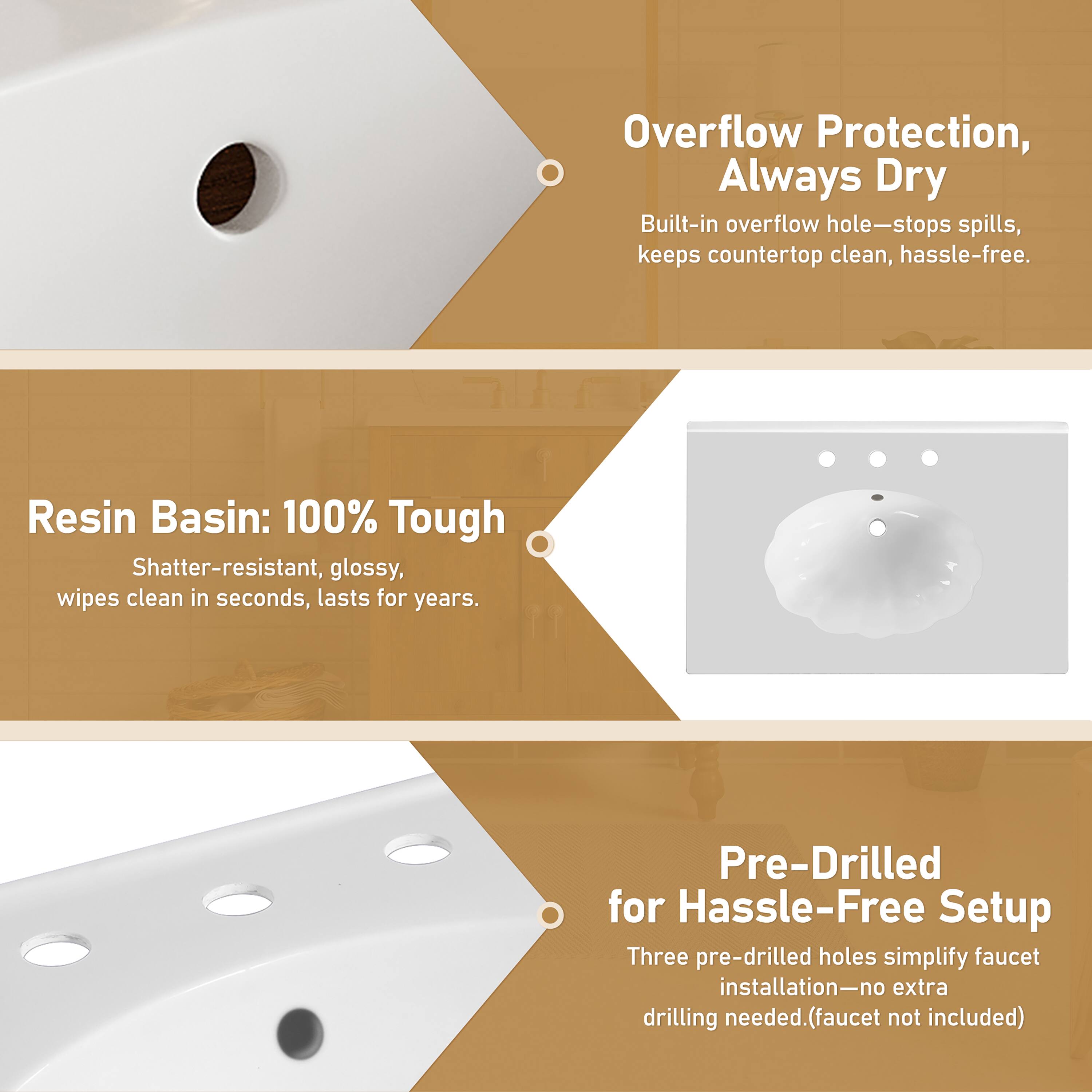 Overflow Protection, Always Dry  
Built-in overflow hole—stops spills, keeps countertop clean, hassle-free.

Resin Basin: 100% Tough  
Shatter-resistant, glossy, wipes clean in seconds, lasts for years.

Pre-Drilled for Hassle-Free Setup  
Three pre-drilled holes simplify faucet installation—no extra drilling needed. (faucet not included)