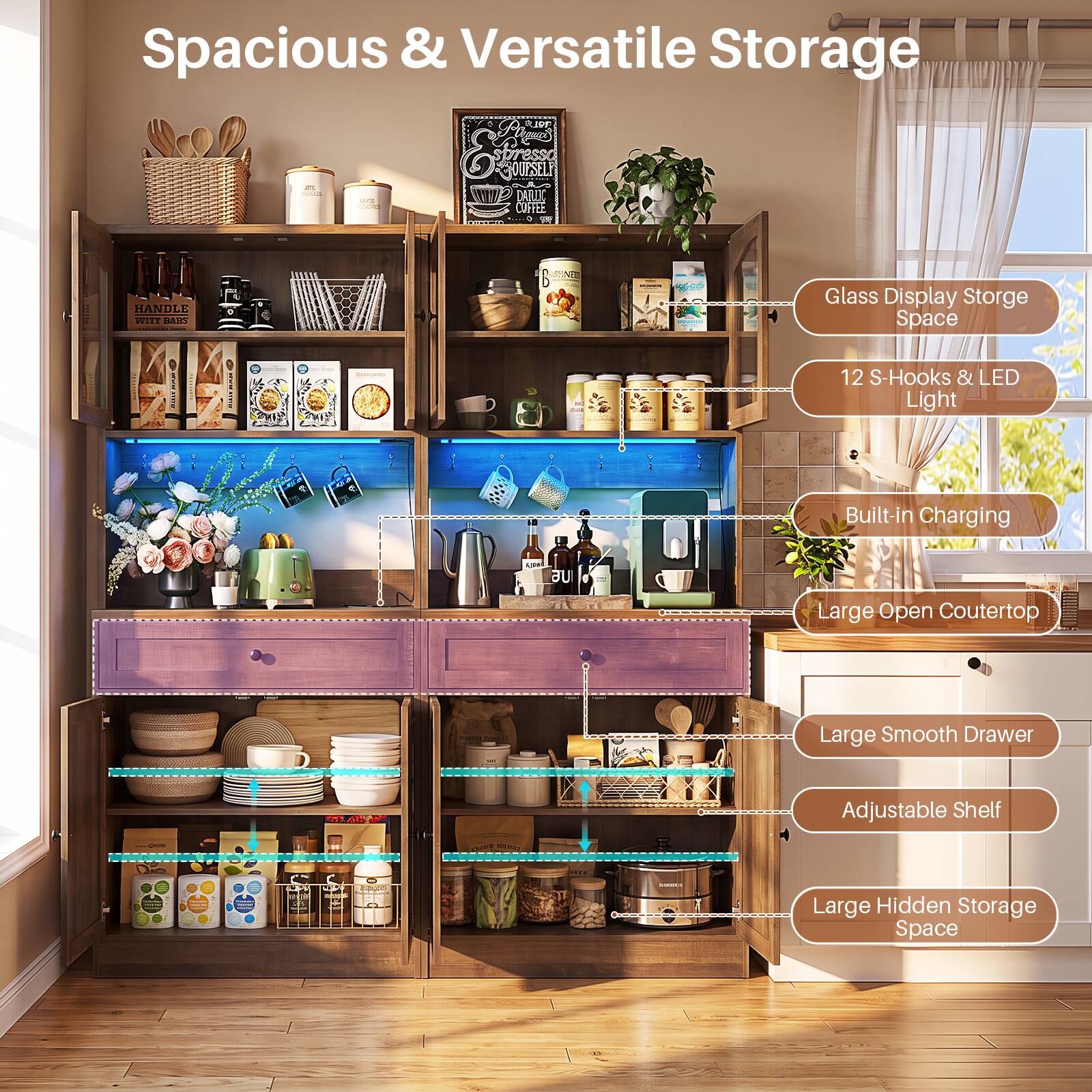 Spacious & Versatile Storage

- Glass Display Storage Space
- 12 S-Hooks & LED Light
- Built-in Charging
- Large Open Countertop
- Large Smooth Drawer
- Adjustable Shelf
- Large Hidden Storage Space