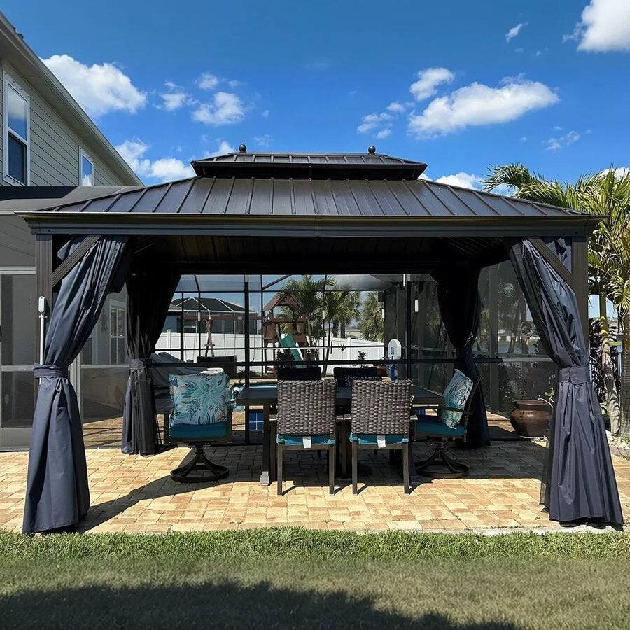 Alt View 1. PURPLE LEAF - 10' X 14' Outdoor Hardtop Gazebo for Patio Bronze Aluminum Frame Pavilion with Navy-Blue Curtain - 10' X 14'.