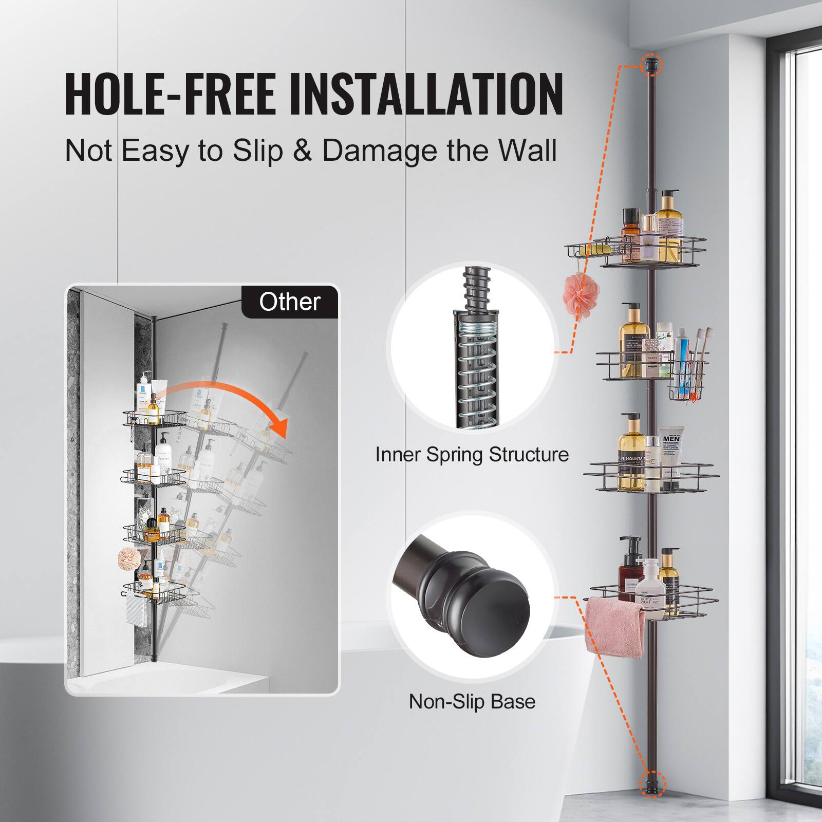 HOLE-FREE INSTALLATION  
Not Easy to Slip & Damage the Wall  

Other  
Inner Spring Structure  
Non-Slip Base