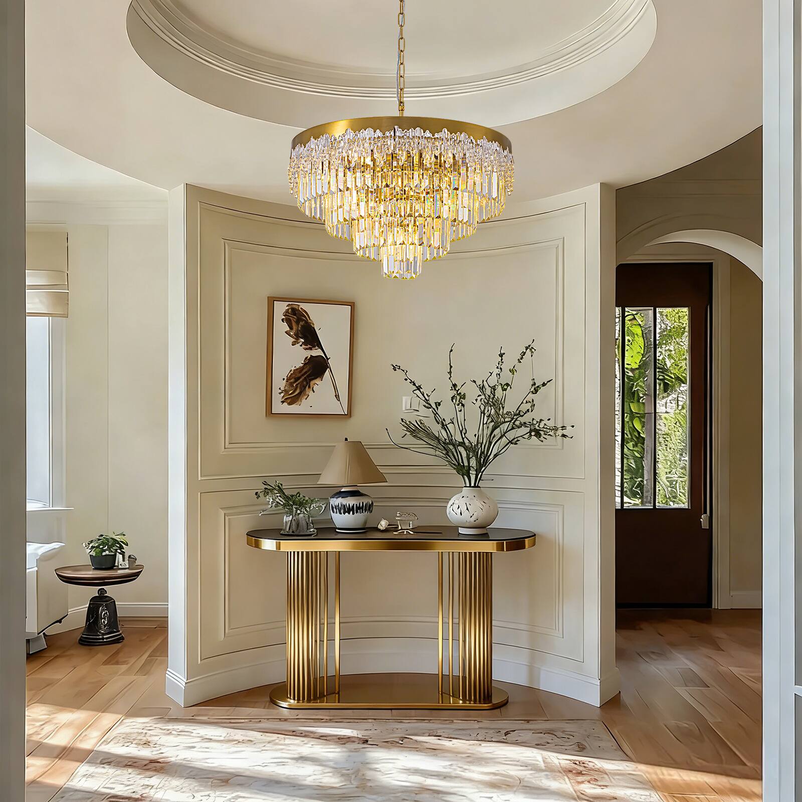 Alt View 1. Siljoy - 24 Inch Modern Tiered Crystal Chandelier, Glacier Textured Round Gold Pendant Light for Dining Room Living Room Foyer - GOLD.