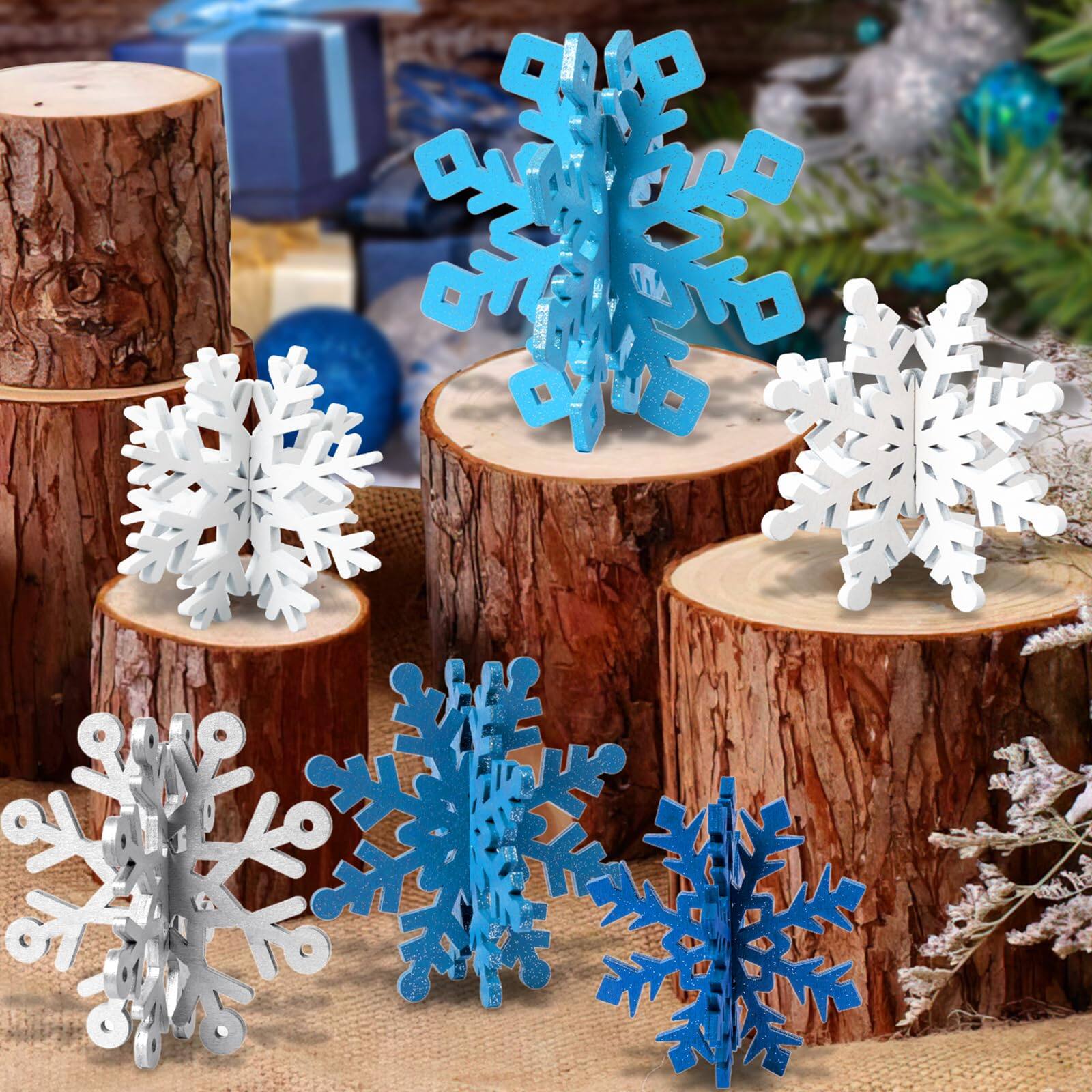 Alt View 1. Paradigms Interiors - Winter Christmas Centerpiece Table Decorations - Wooden Snowflakes Decor 3d Snowflake Tabletop For Xmas Hol... - White-6 set.
