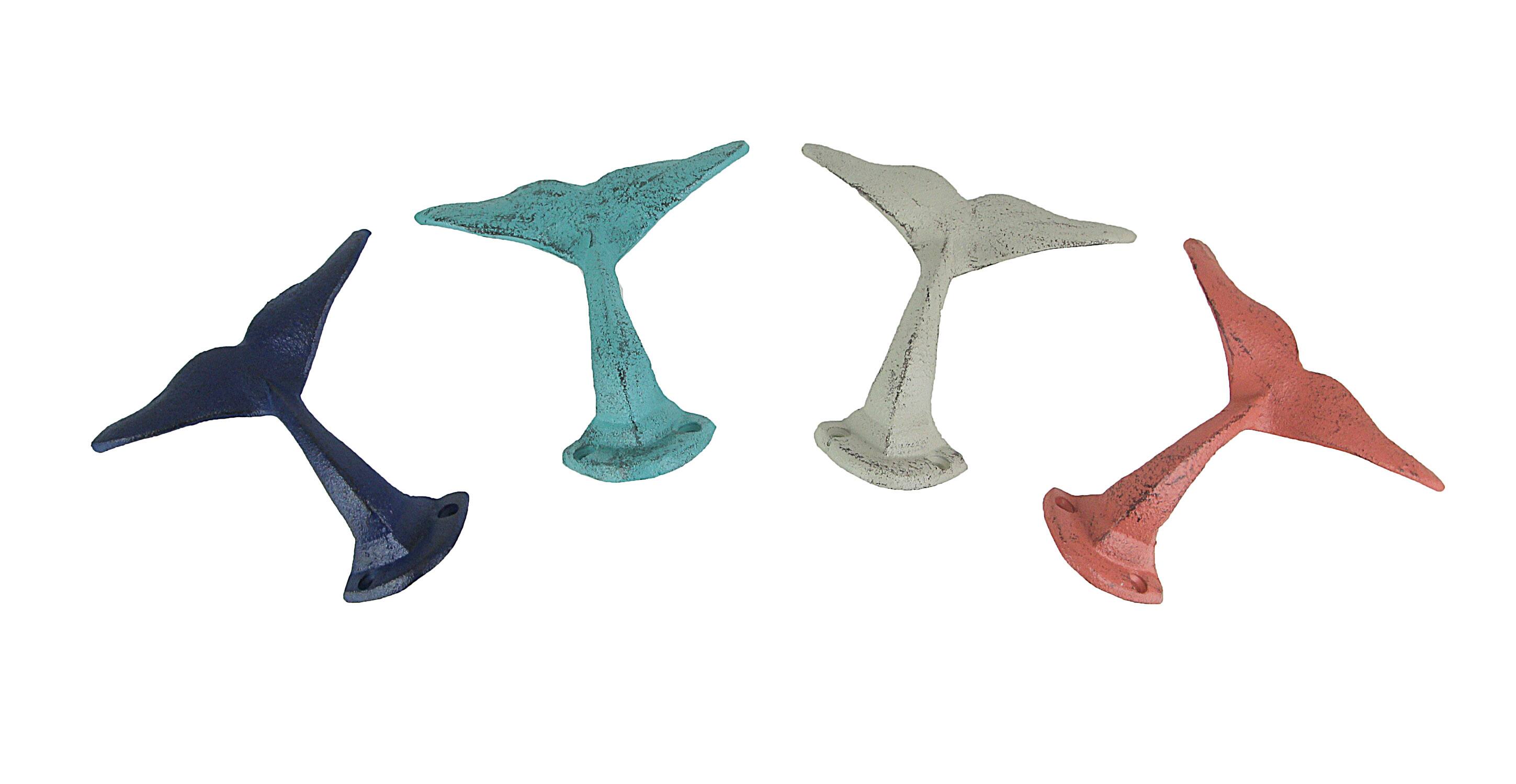 Front. Zeckos - Set of 4 Cast Iron Whale Tail Wall Hooks Nautical Decorative Towel or Coat Hanging Beach House Coastal Accent Decor - Multicolored.