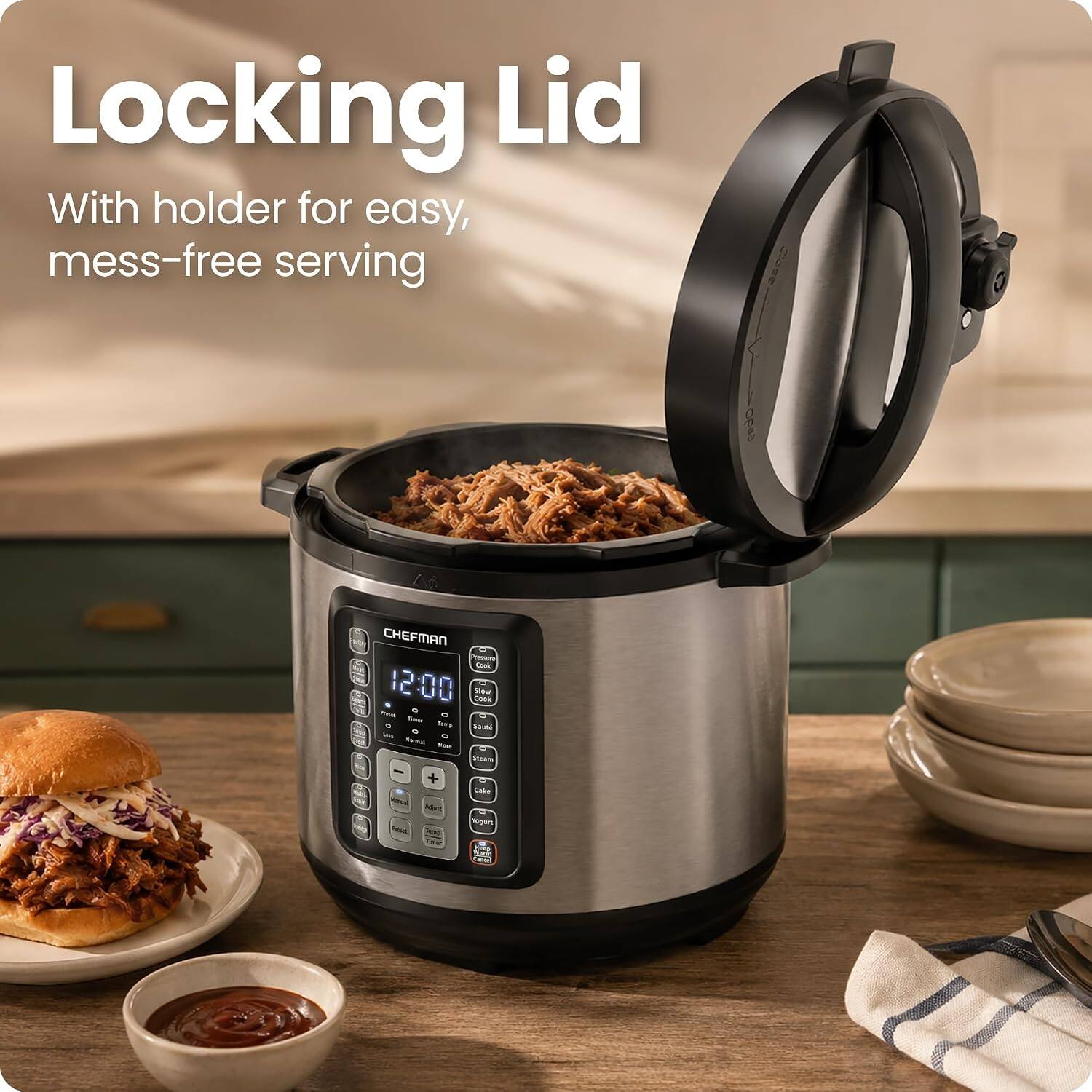 Locking Lid With holder for easy, mess-free serving