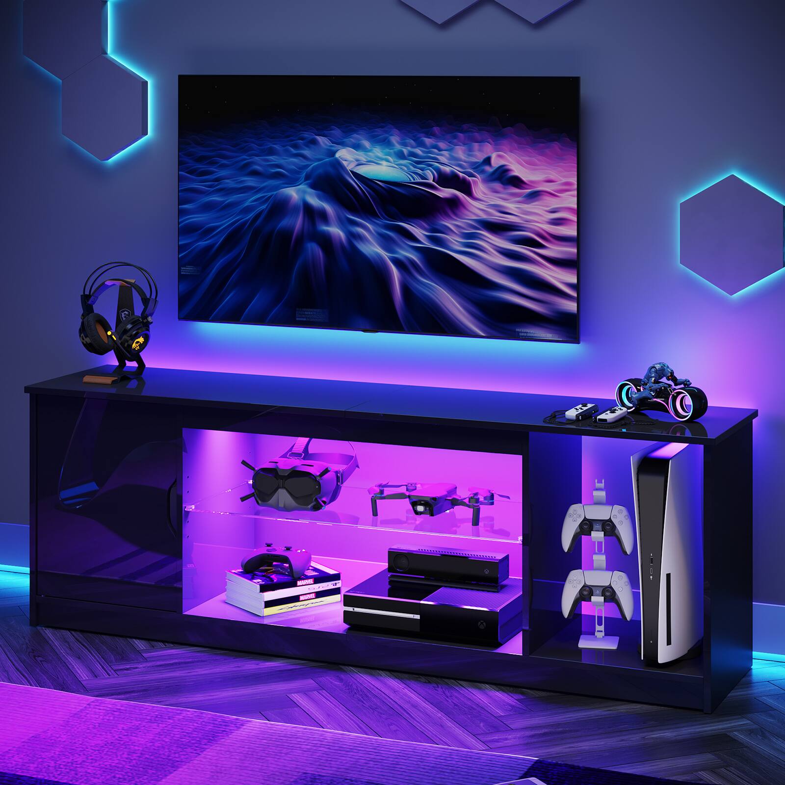 Left. Bestier - 57-inch Gaming TV Stand with RGB Lights, Adjustable Glass Shelves & PS Console Storage - Glossy Black.