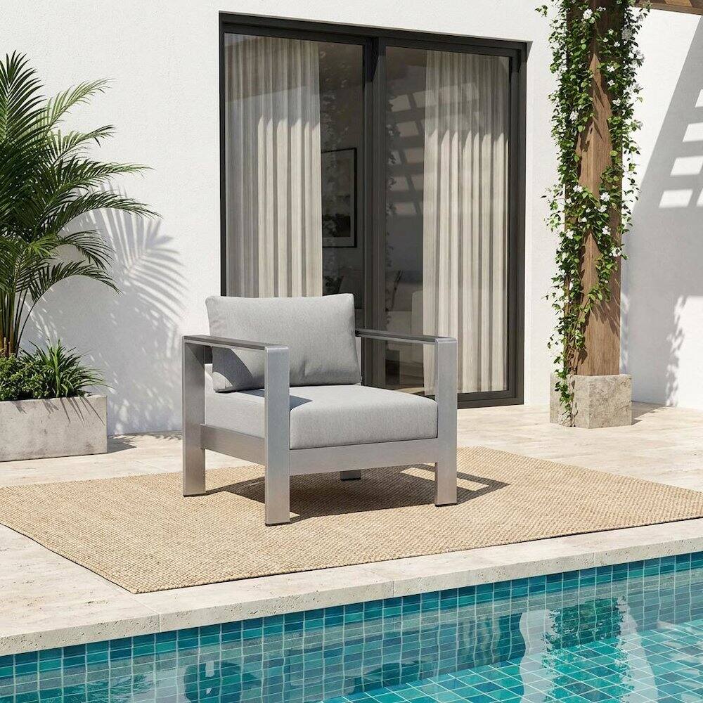 Angle. Outdoor Escape - Aluminum Fabric Outdoor Patio Armchair With Cushioned Seating - Gray.
