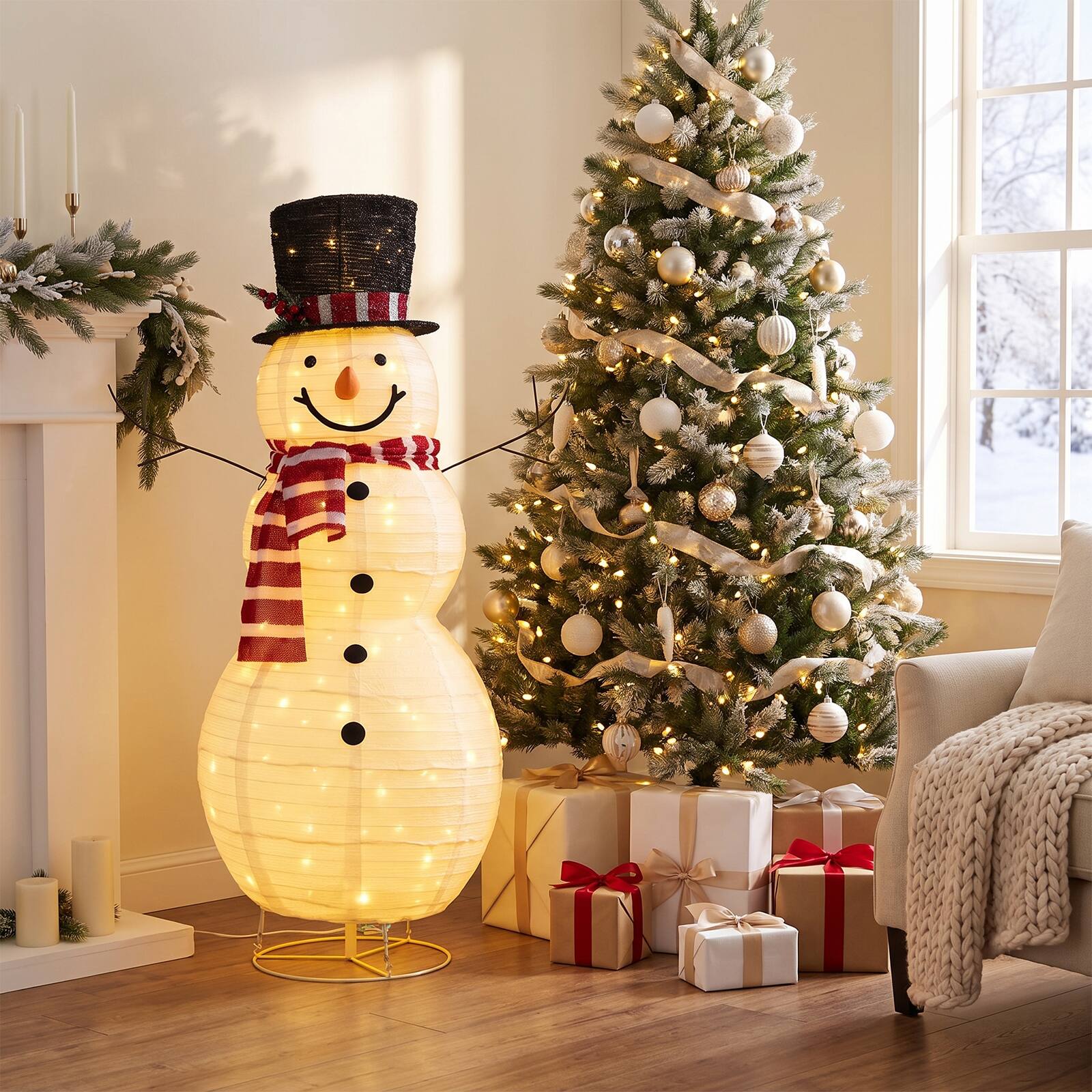 Alt View 4. Costway - Costway 4.2 FT Lighted Christmas Snowman with Top Hat Branch Arms LED Lights Striped Scarf - White.