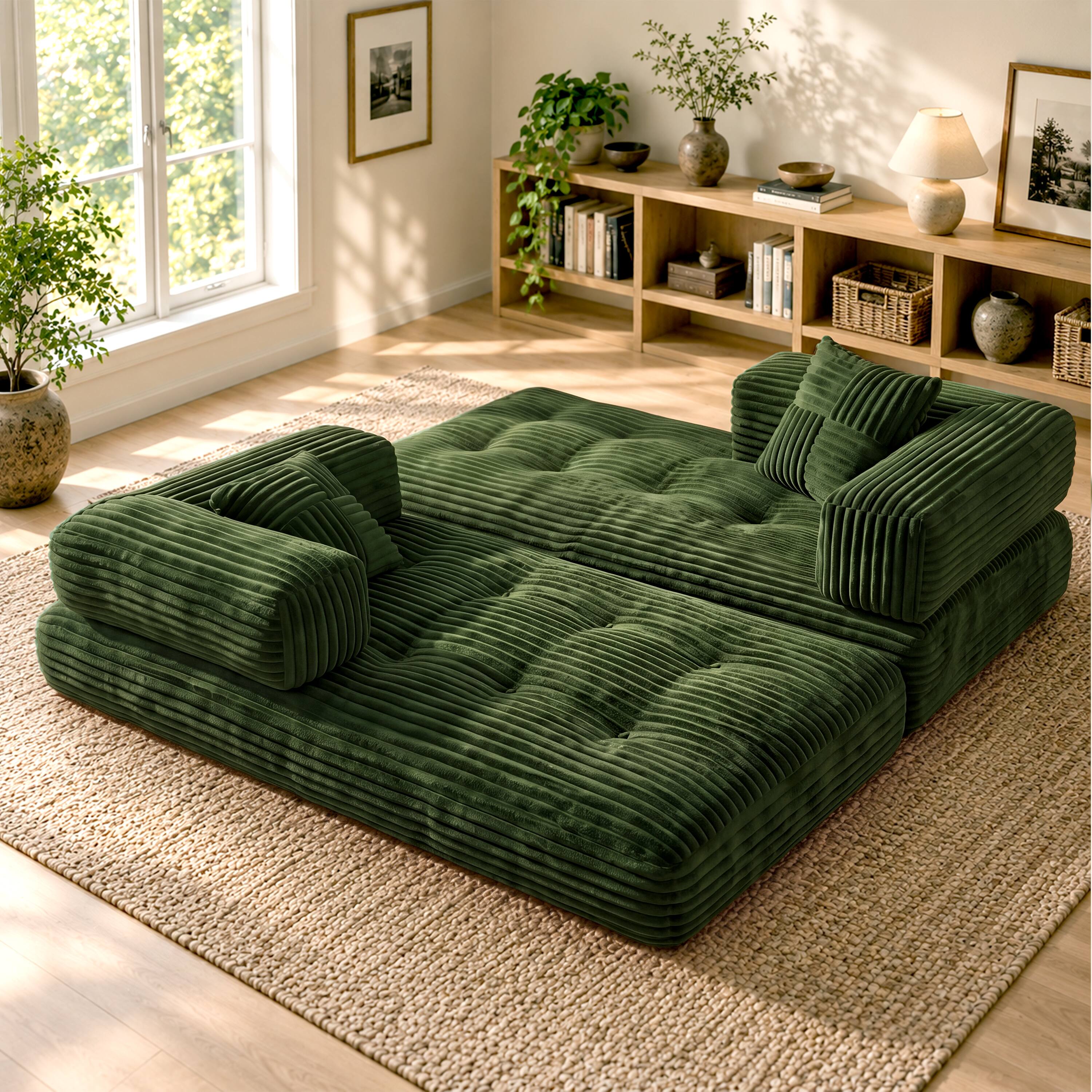 Left. Vipbear - Corduroy Loveseat Sofa, Convertible Sofa Couch with Sturdy Metal Frame for Living Room Bedroom - Green.