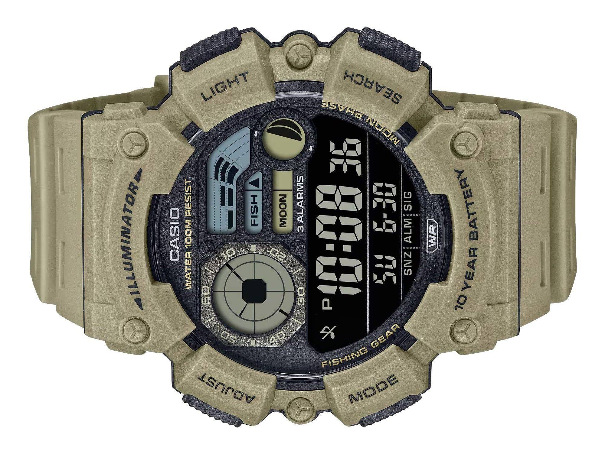 ILLUMINATOR LIGHT RESIST FISH MOON CASIO 100M WATER RESIST 10 YEAR BATTERY 3 ALARMS 6-30 SIG MOON PHASE ADJUST SEARCH FISHING MODE FISHING GEAR