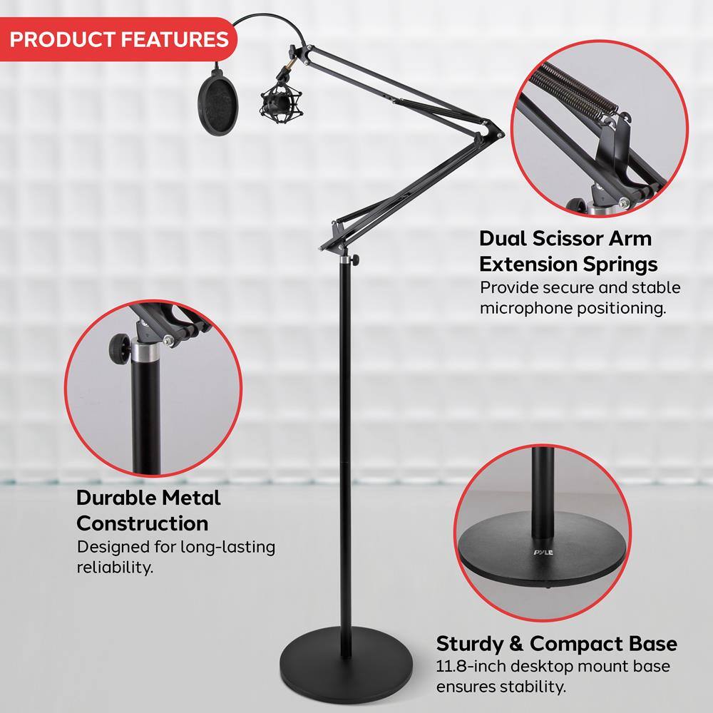 PRODUCT FEATURES

- Dual Scissor Arm Extension Springs  
  Provide secure and stable microphone positioning.

- Durable Metal Construction  
  Designed for long-lasting reliability.

- Sturdy & Compact Base  
  11.8-inch desktop mount base ensures stability.