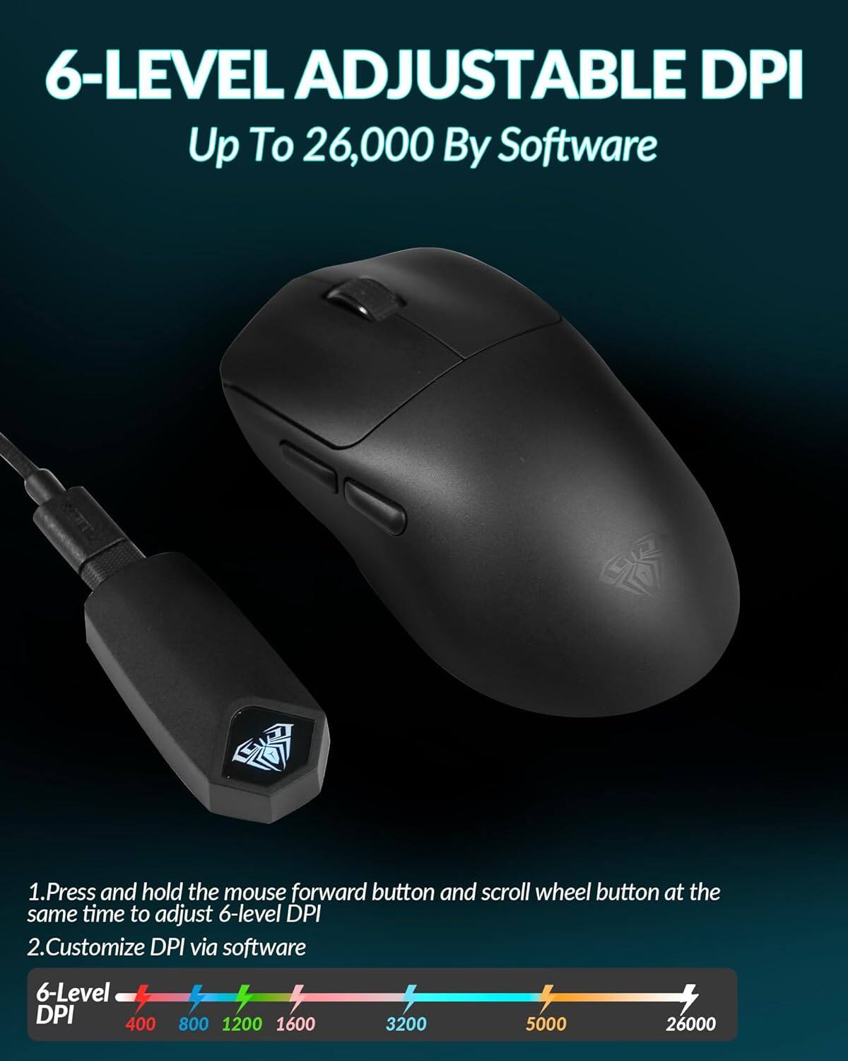 6-LEVEL ADJUSTABLE DPI  
Up To 26,000 By Software  

1. Press and hold the mouse forward button and scroll wheel button at the same time to adjust 6-level DPI  
2. Customize DPI via software  

6-Level DPI  
400 800 1200 1600 3200 5000 26000