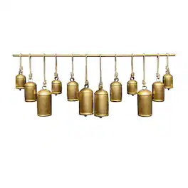 Manhattan Lane - Neyra Iron Cow Bells Wall Decor 48 Inch Wide Decorative, Antique Finish, Jute Hanging Rope - Gold