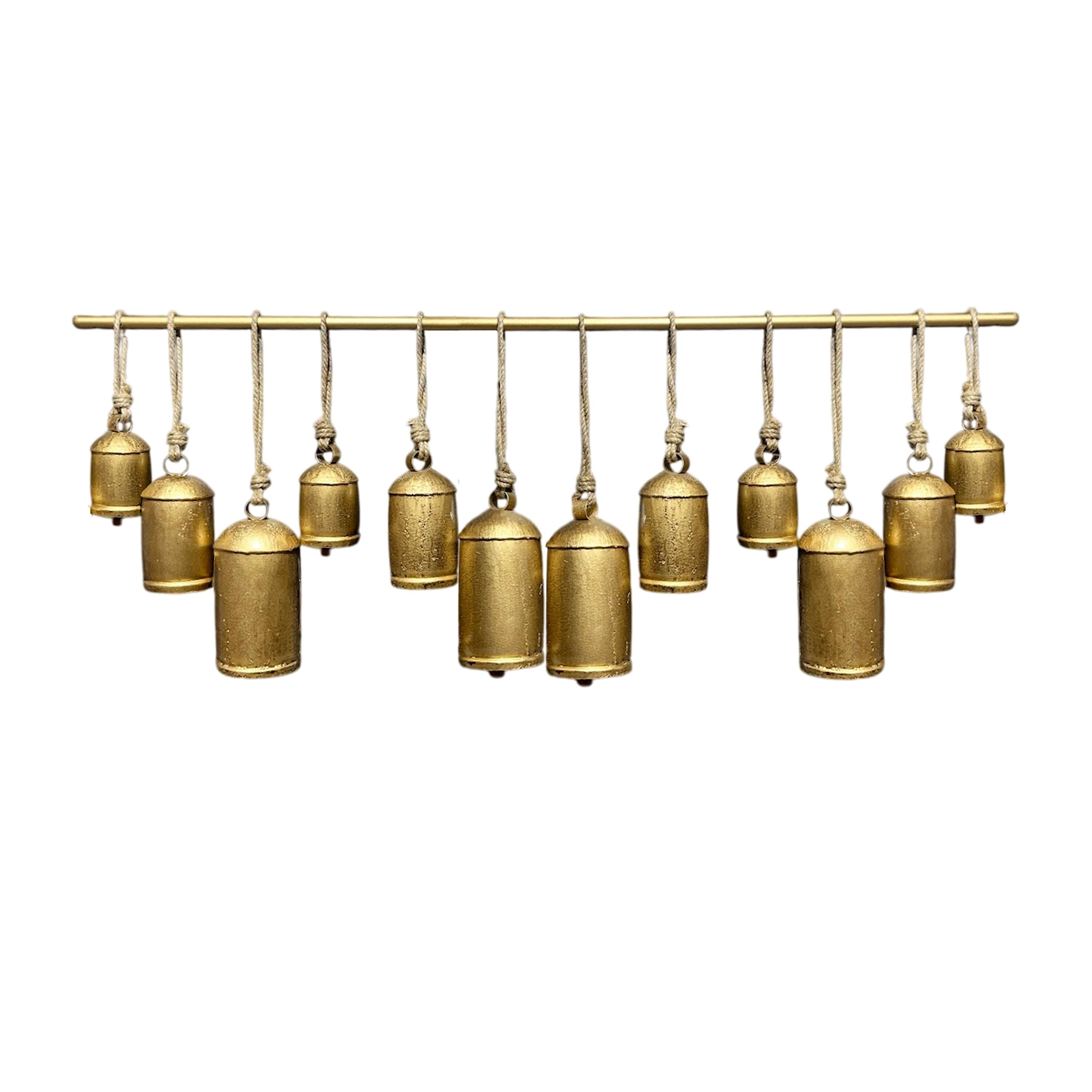 Front. Manhattan Lane - Neyra Iron Cow Bells Wall Decor 48 Inch Wide Decorative, Antique Gold Finish, Jute Hanging Rope - Gold.