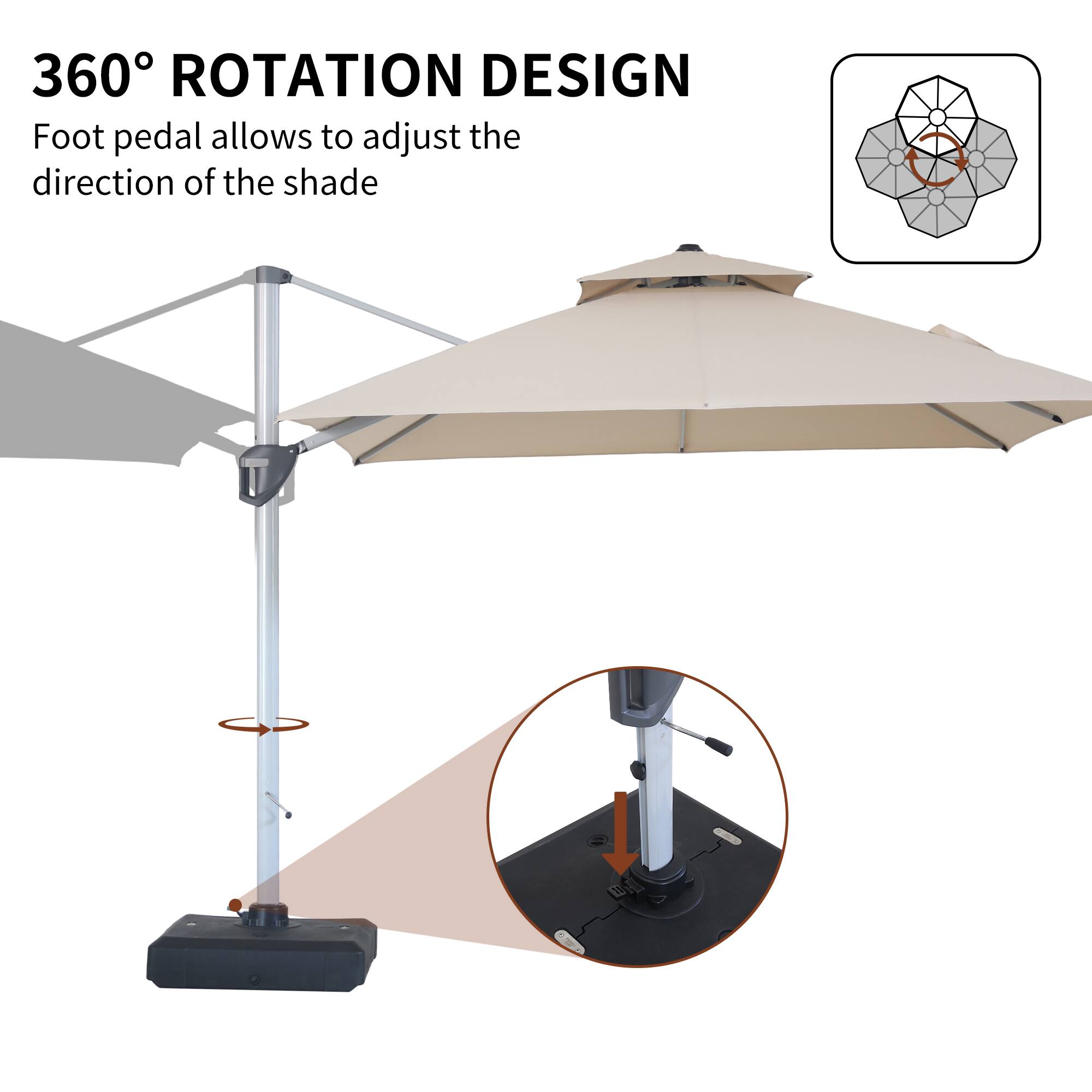 360° ROTATION DESIGN  
Foot pedal allows to adjust the direction of the shade