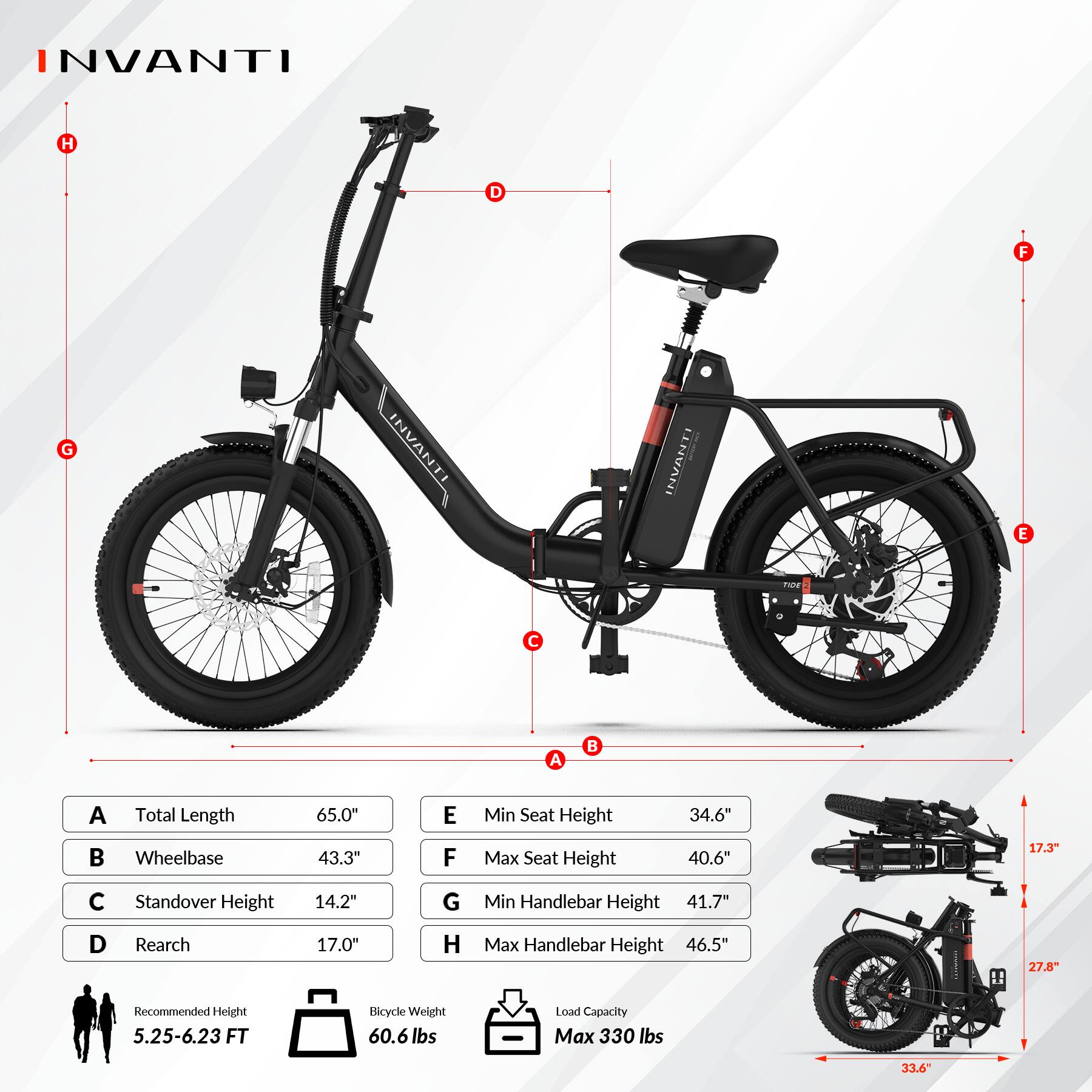 INVANTI

A. Total Length: 65.0"
B. Wheelbase: 43.3"
C. Standover Height: 14.2"
D. Reach: 17.0"
E. Min Seat Height: 34.6"
F. Max Seat Height: 40.6"
G. Min Handlebar Height: 41.7"
H. Max Handlebar Height: 46.5"

Recommended Height: 5.25-6.23 FT
Bicycle Weight: 60.6 lbs
Load Capacity: Max 330 lbs

17.3" (seat post)
27.8" (seat post)
33.6" (seat post)