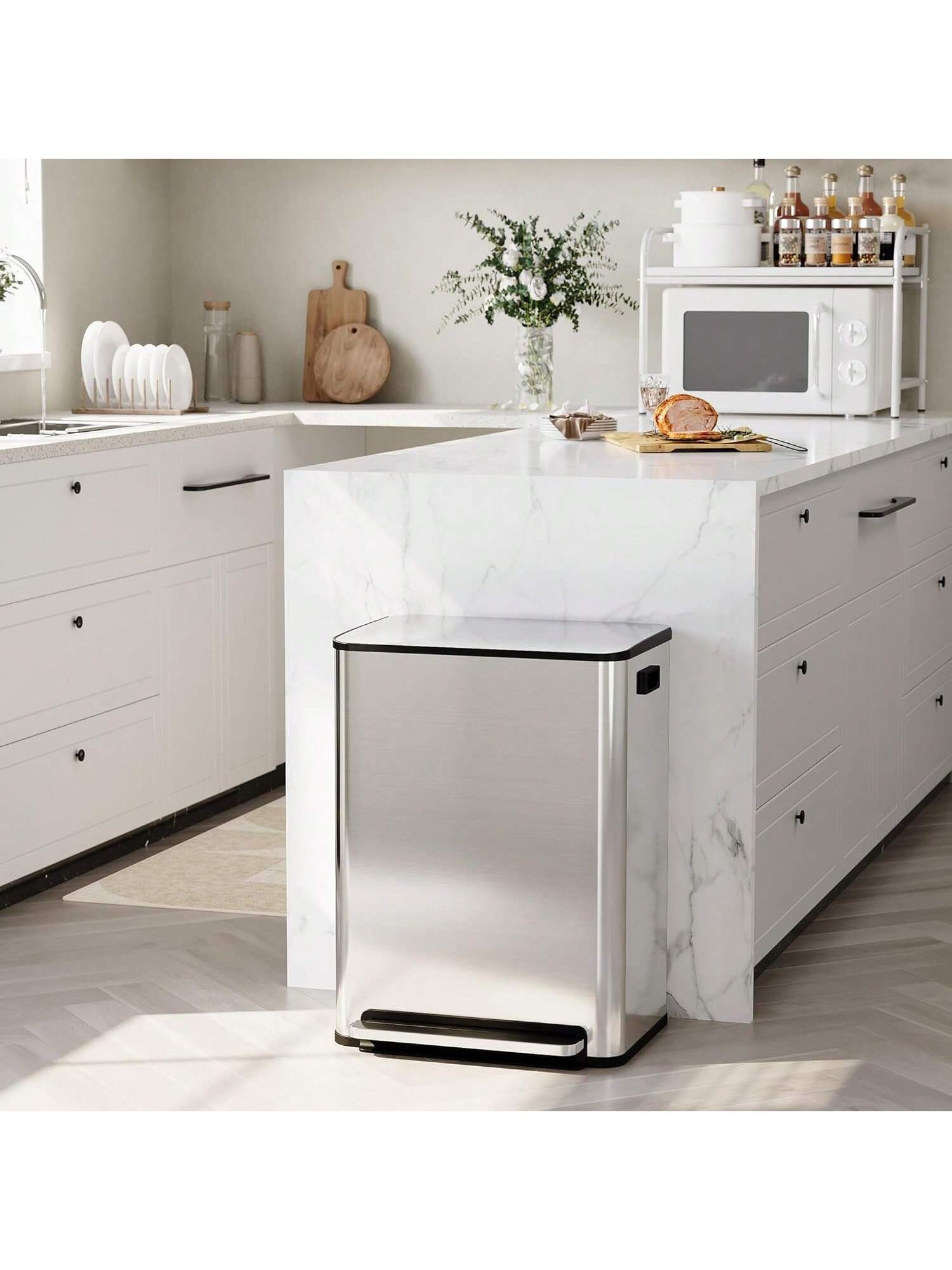 Left. GARVEE - 60L 16 Gal Kitchen Trash Can 2x8 Gal Pedal Trash Bin With Removable Baskets Stainless Steel Garbage Can - Silver.