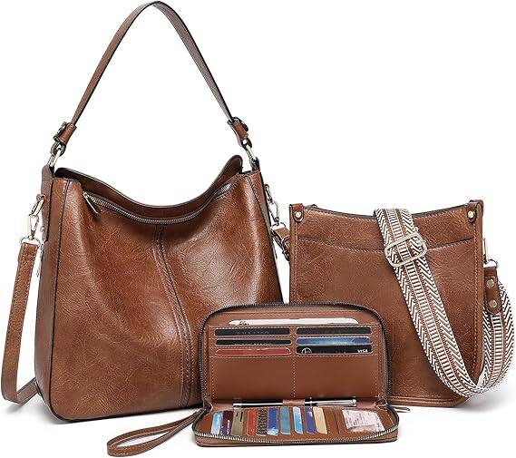 Front. Vulpecula Spade - Purses for Women 3PCS, Crossbody Bags Set Large Leather Purse Shoulder Handbags - Brown.