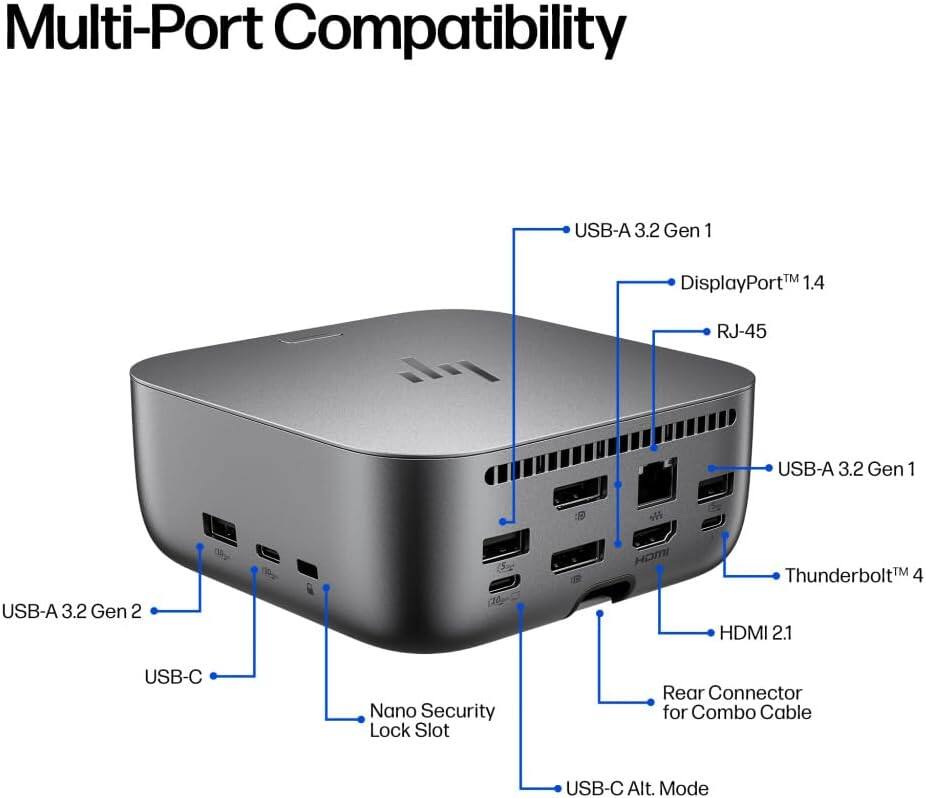 Multi-Port Compatibility

- USB-A 3.2 Gen 1
- DisplayPort™ 1.4
- RJ-45
- USB-A 3.2 Gen 1
- Thunderbolt™ 4
- HDMI 2.1
- USB-A 3.2 Gen 2
- USB-C
- Nano Security Lock Slot
- Rear Connector for Combo Cable
- USB-C Alt. Mode