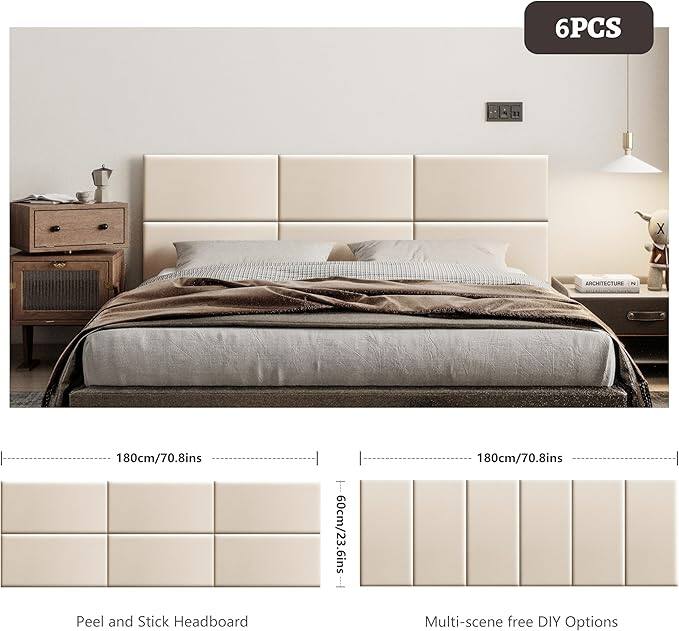 6PCS, Peel and Stick Headboard, 180cm/70.8ins, 60cm/23.6ins, Multi-scene free DIY Options