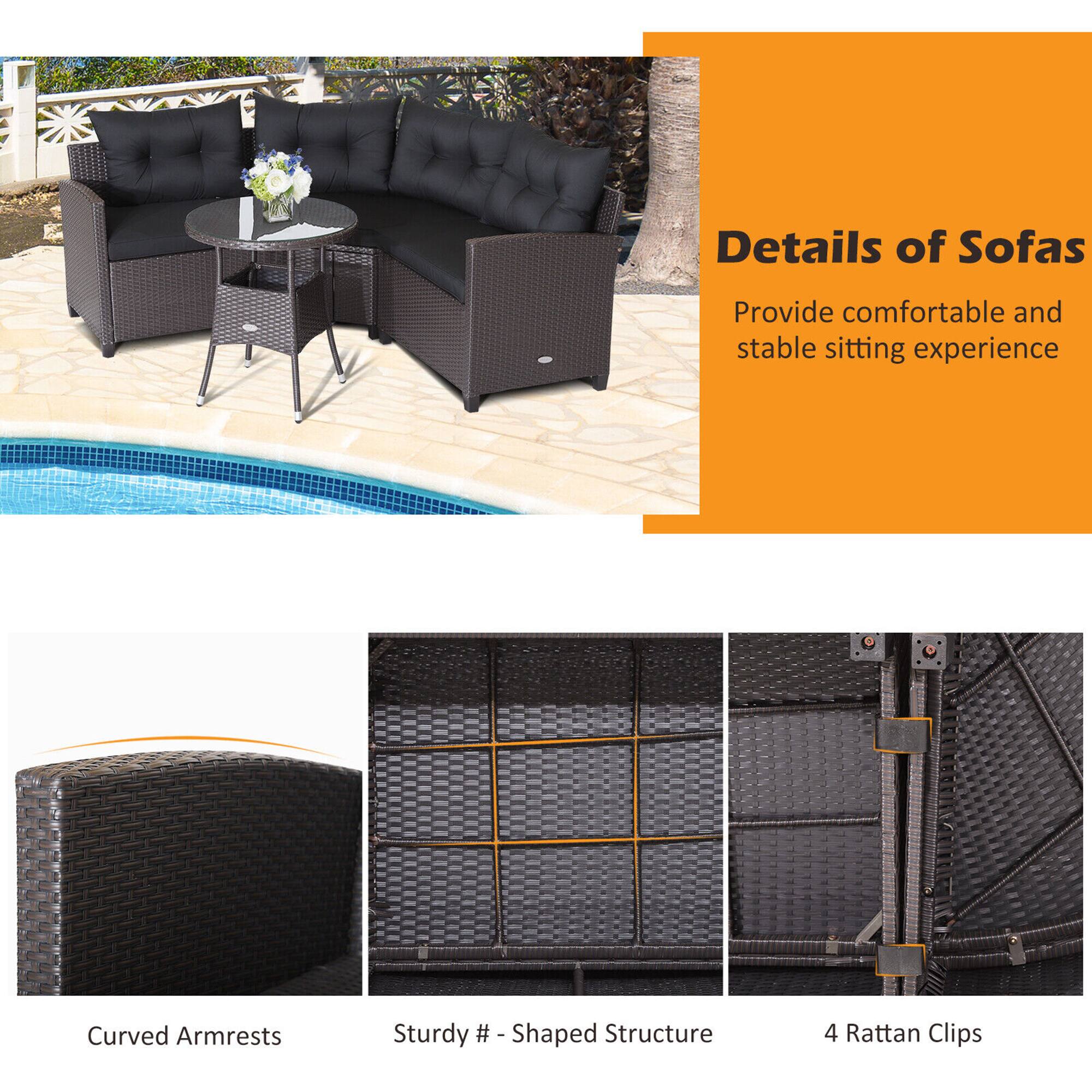 Details of Sofas, Provide comfortable and stable sitting experience, Curved Armrests, Sturdy # - Shaped Structure, 4 Rattan Clips