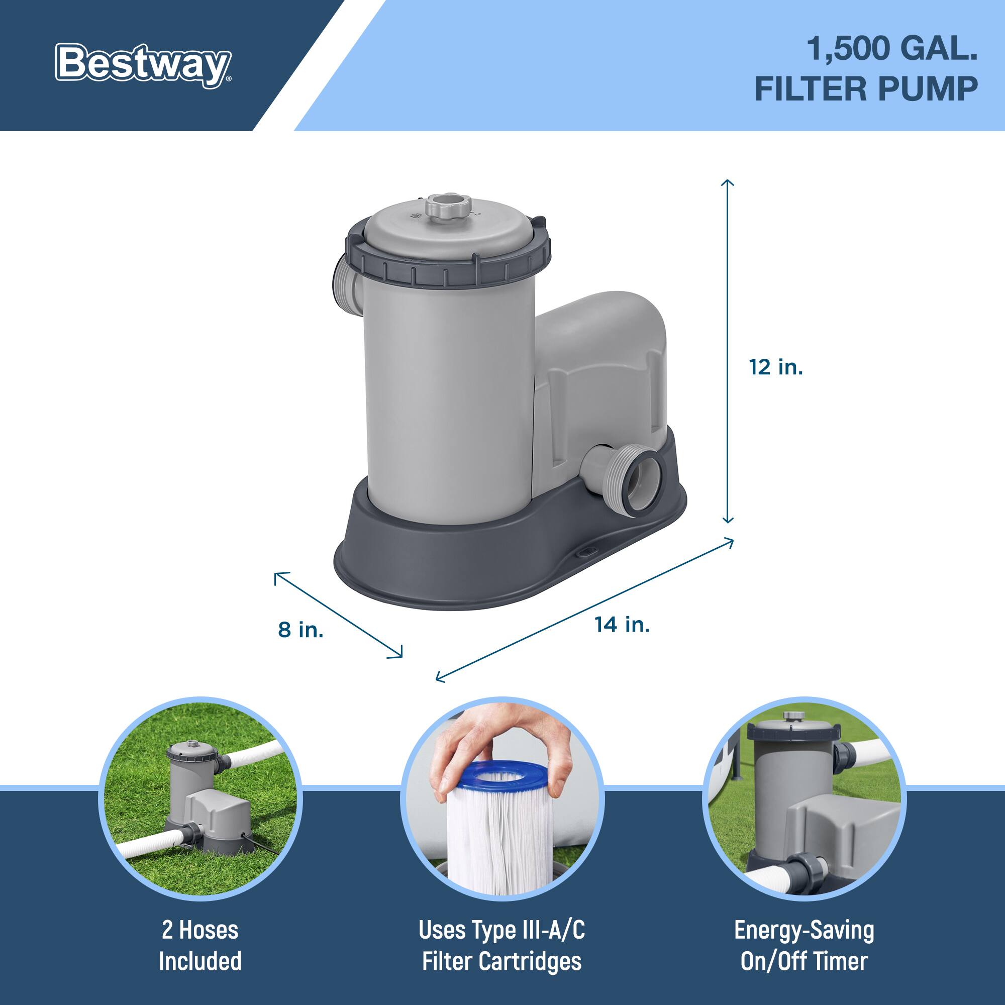 Bestway

1,500 GAL. FILTER PUMP

- 12 in.
- 8 in.
- 14 in.

2 Hoses Included

Uses Type III-A/C Filter Cartridges

Energy-Saving On/Off Timer