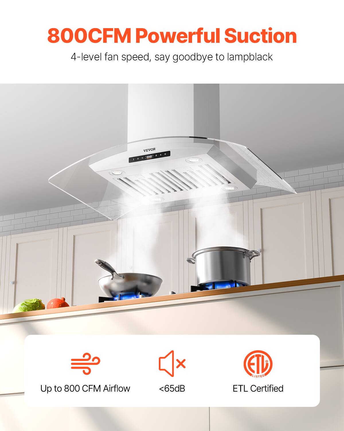 800CFM Powerful Suction  
4-level fan speed, say goodbye to lampblack  

Up to 800 CFM Airflow  
<65dB  
ETL Certified