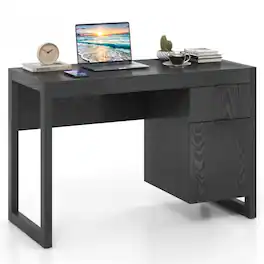 Pefilos - Modern Computer Desk Workstation with Cabinet & Drawer, Small Home Office Desk Study Writing Table - Black
