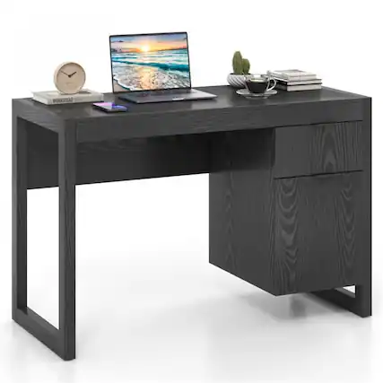 Front. Pefilos - Modern Computer Desk Workstation with Cabinet & Drawer, Small Home Office Desk Study Writing Table, Black - Black.