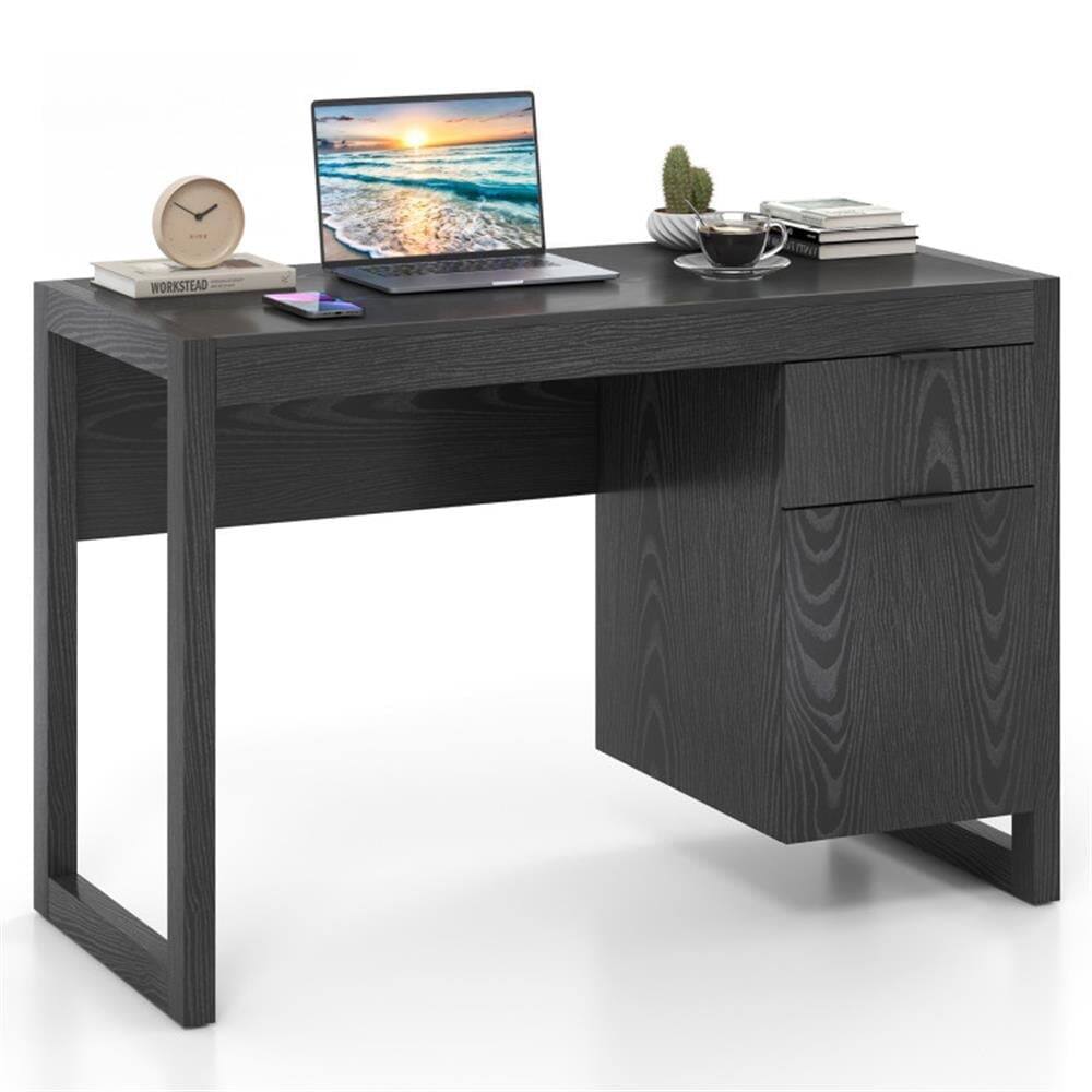 Front. Pefilos - Modern Computer Desk Workstation with Cabinet & Drawer, Small Home Office Desk Study Writing Table, Black - Black.