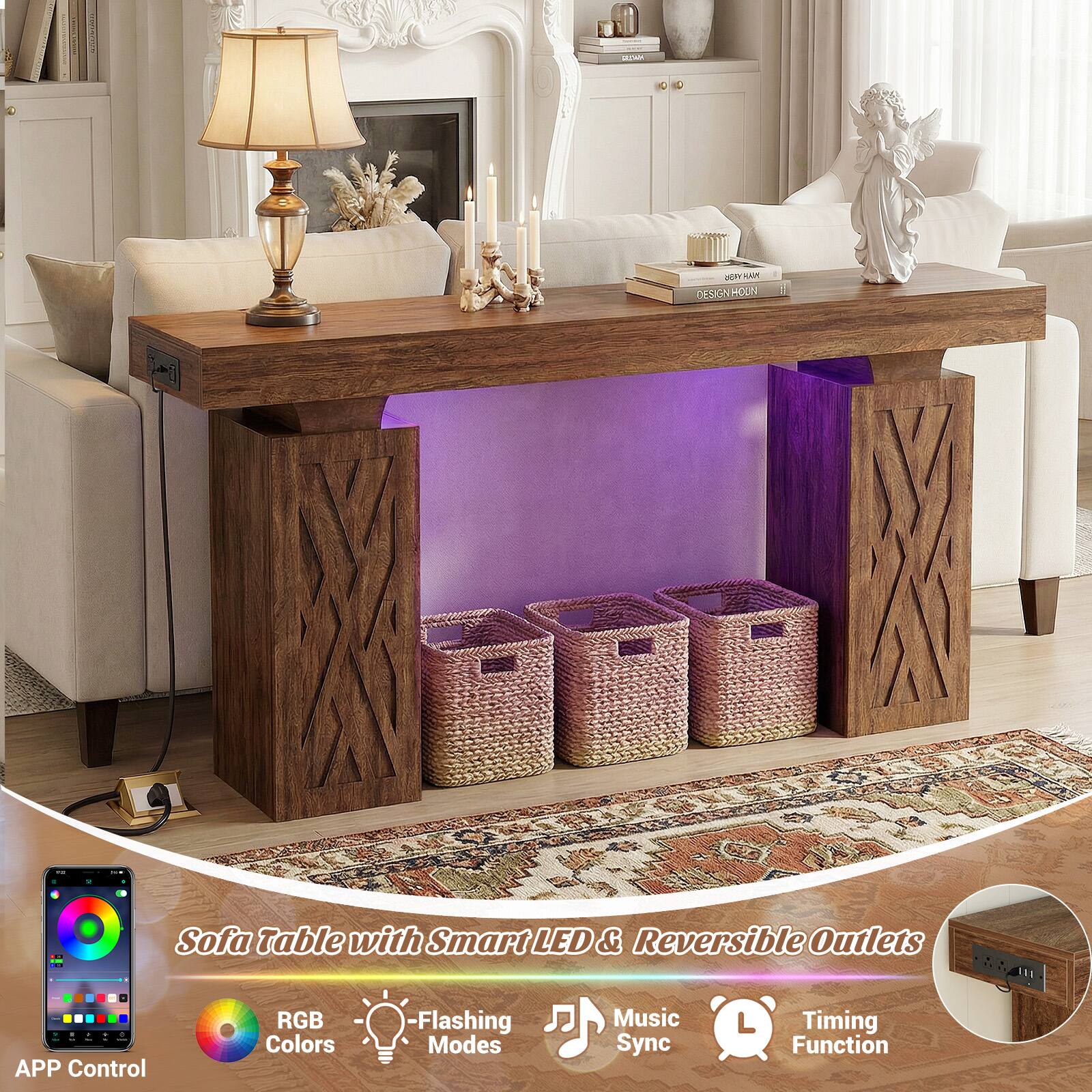 Sofa Table with Smart LED & Reversible Outlets  
- APP Control RGB Colors  
- Flashing Modes  
- Music Sync  
- Timing Function