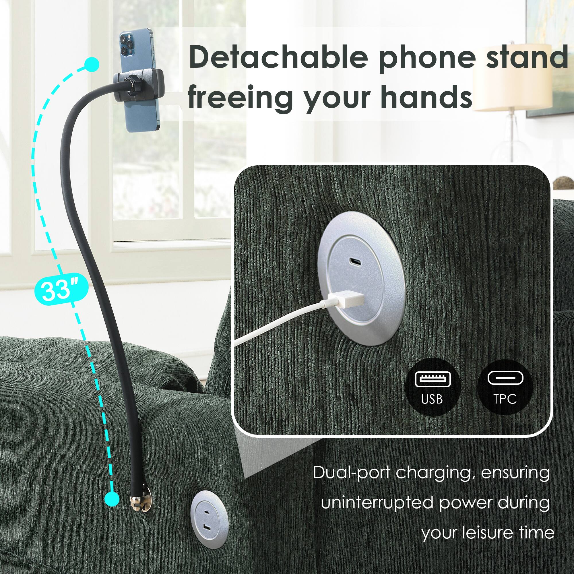 Detachable phone stand freeing your hands

33" USB P Dual-port charging, ensuring uninterrupted power during your leisure time