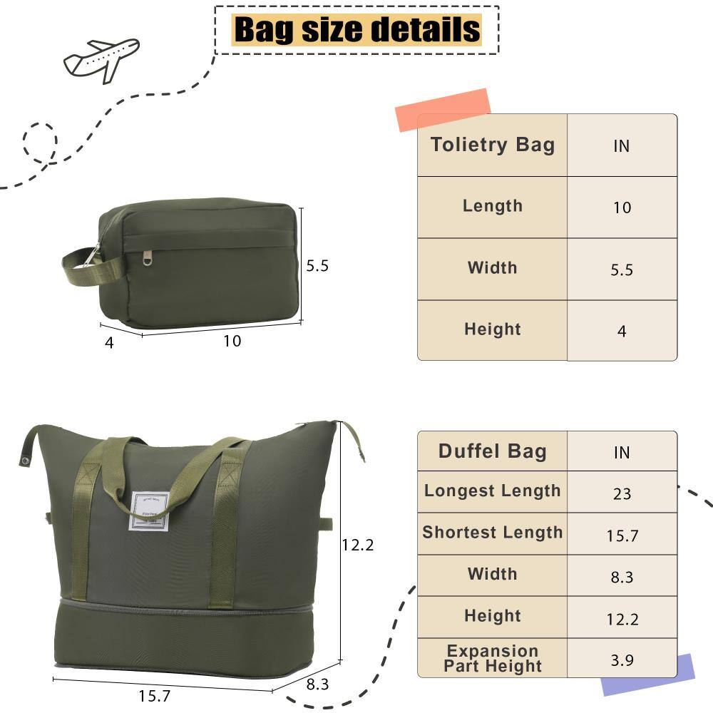 Bag size details

Tolietry Bag  
IN  
Length 10  
Width 5.5  
Height 4  

Duffel Bag  
IN  
Longest Length 23  
Shortest Length 15.7  
Width 8.3  
Height 12.2  
Expansion Part Height 3.9