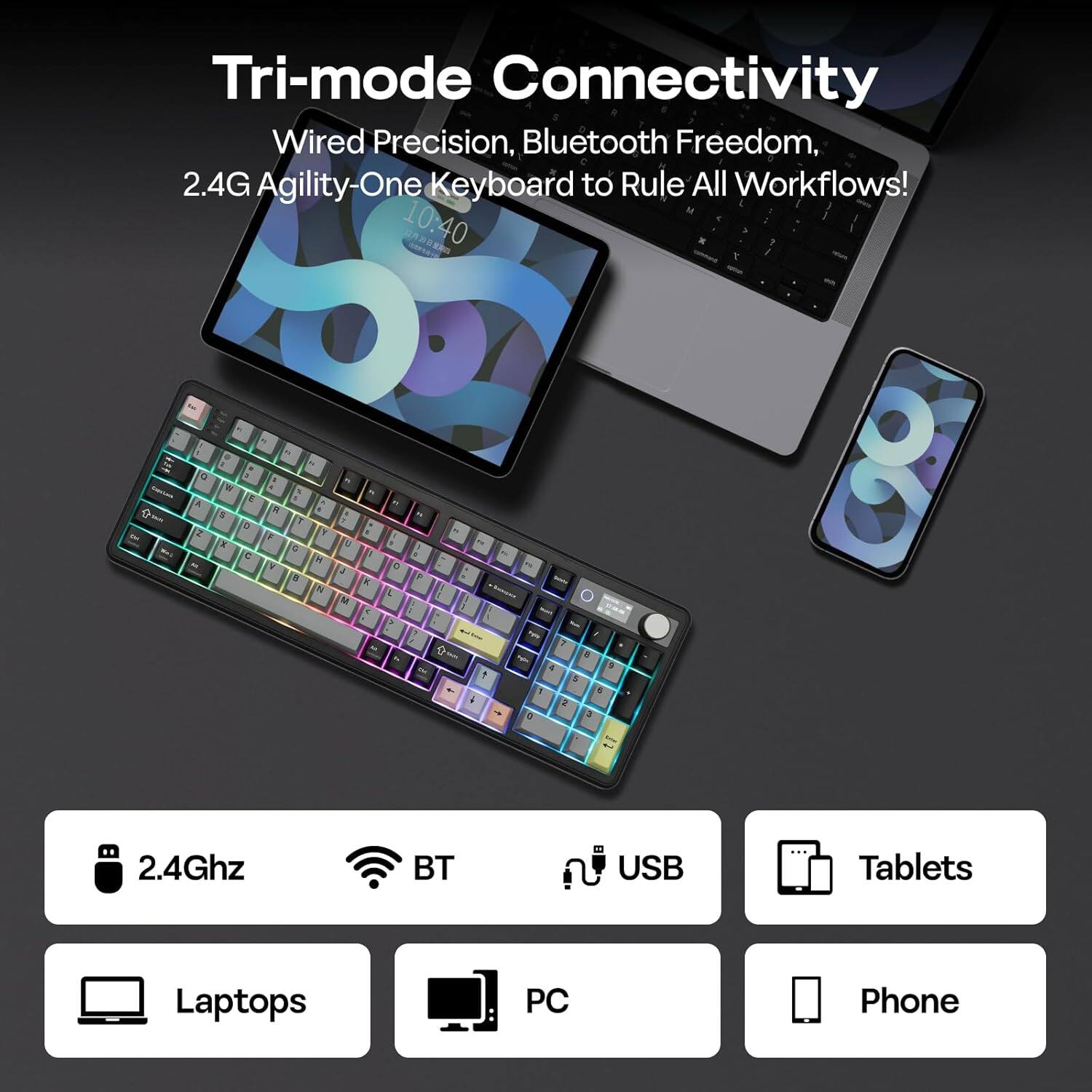 Tri-mode Connectivity  
Wired Precision, Bluetooth Freedom, 2.4G Agility-One Keyboard to Rule All Workflows!  

2.4Ghz  
BT  
USB  
Tablets  
Laptops  
PC  
Phone