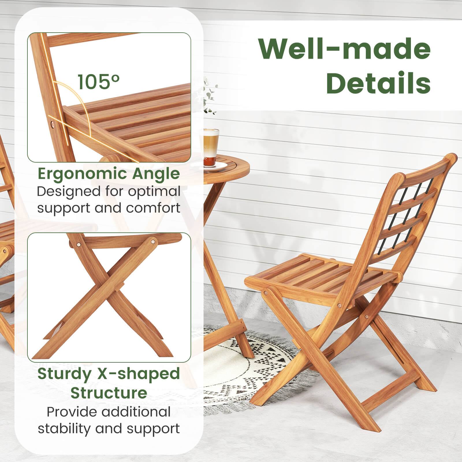 The image features a wooden chair with a sturdy X-shaped structure, designed for optimal support and comfort. The chair is part of a table and patio set, and it is made with well-made details, ensuring durability and stability. The ergonomic angle of the chair provides additional support and comfort for the user.