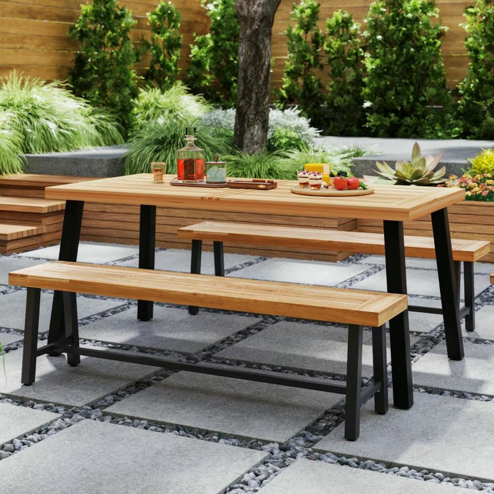 Back. Kadyn - Garden Bench, Patio Bench, 63 Inch 3-Person Acacia Patio Wood Outdoor Backless Bench-Set of 2 - Brown.