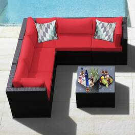 Gymax - 6PCS Rattan Patio Sectional Sofa Conversation Set Outdoor w/ Cushions - Red