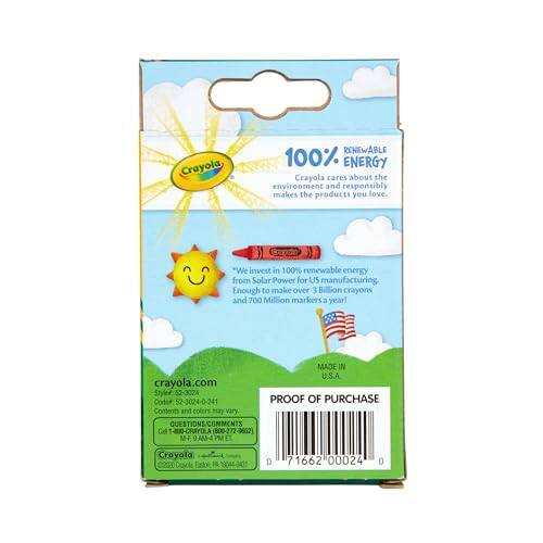 Crayola  
RENEWABLE 100% ENERGY  
Crayola cares about the environment and responsibly makes the products you love.  
*We invest in 100% renewable energy from Solar Power for US manufacturing. Enough to make over 3 Billion crayons and 700 Million markers a year!  
MADE IN U.S.A.  
crayola.com  
Styled 52-3024  
Coder 52-3024-0-241  
PROOF OF PURCHASE  
Contents and colors 1141 vary  
QUESTIONS COMMENTS  
Cel 1-000-CRAYOLA (800-272-9652)  
Crayola 2220Cop/A Eastor 3044-0431  
0  
71662 00024  
0