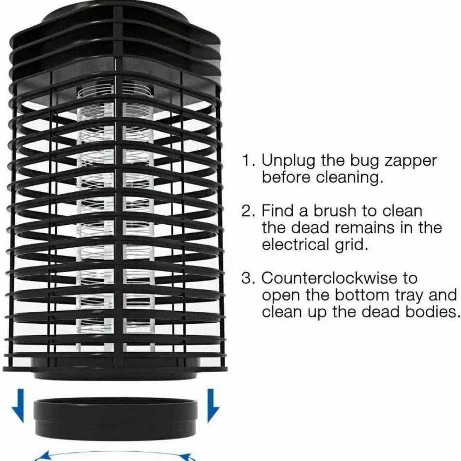 1. Unplug the bug zapper before cleaning.

2. Find a brush to clean the dead remains in the electrical grid.

3. Counterclockwise to open the bottom tray and clean up the dead bodies.