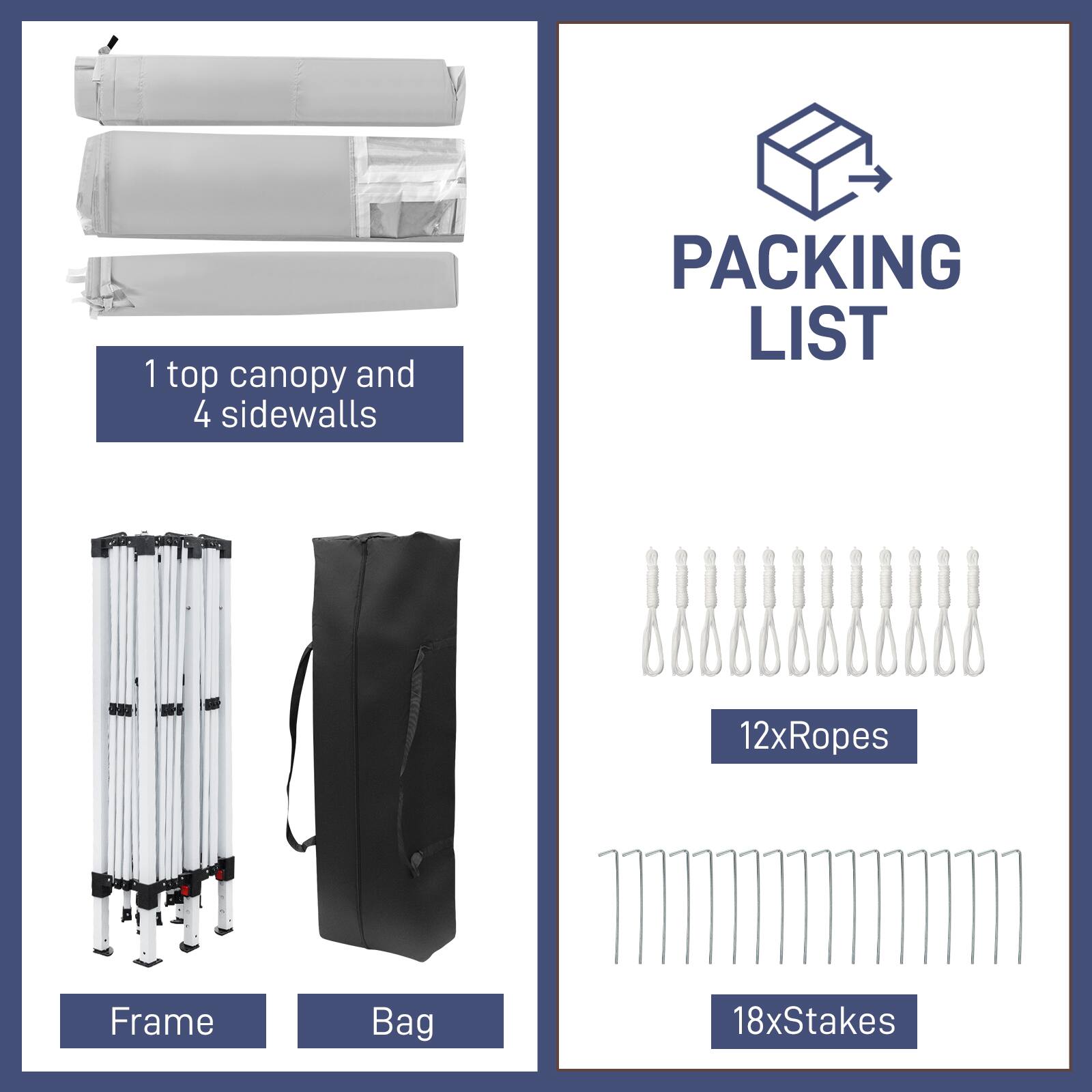 1 top canopy and 4 sidewalls  
PACKING LIST  
12xRopes  
Frame Bag  
18xStakes