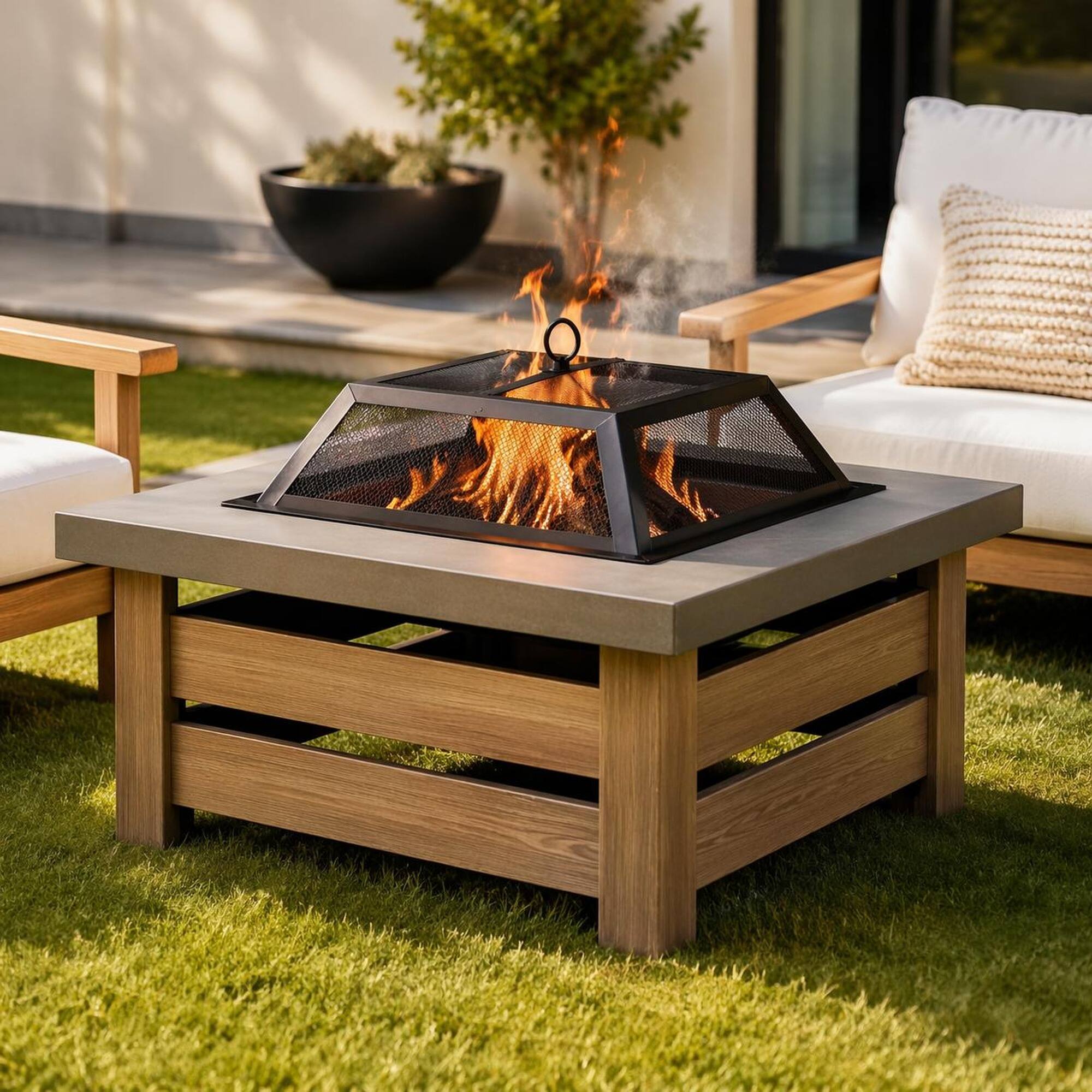 Back. RYHNUYNE - 34" Square Iron Wood-Burning Fire Pit Table – Outdoor Fireplace with Spark Screen & Poker - Natural Wood.