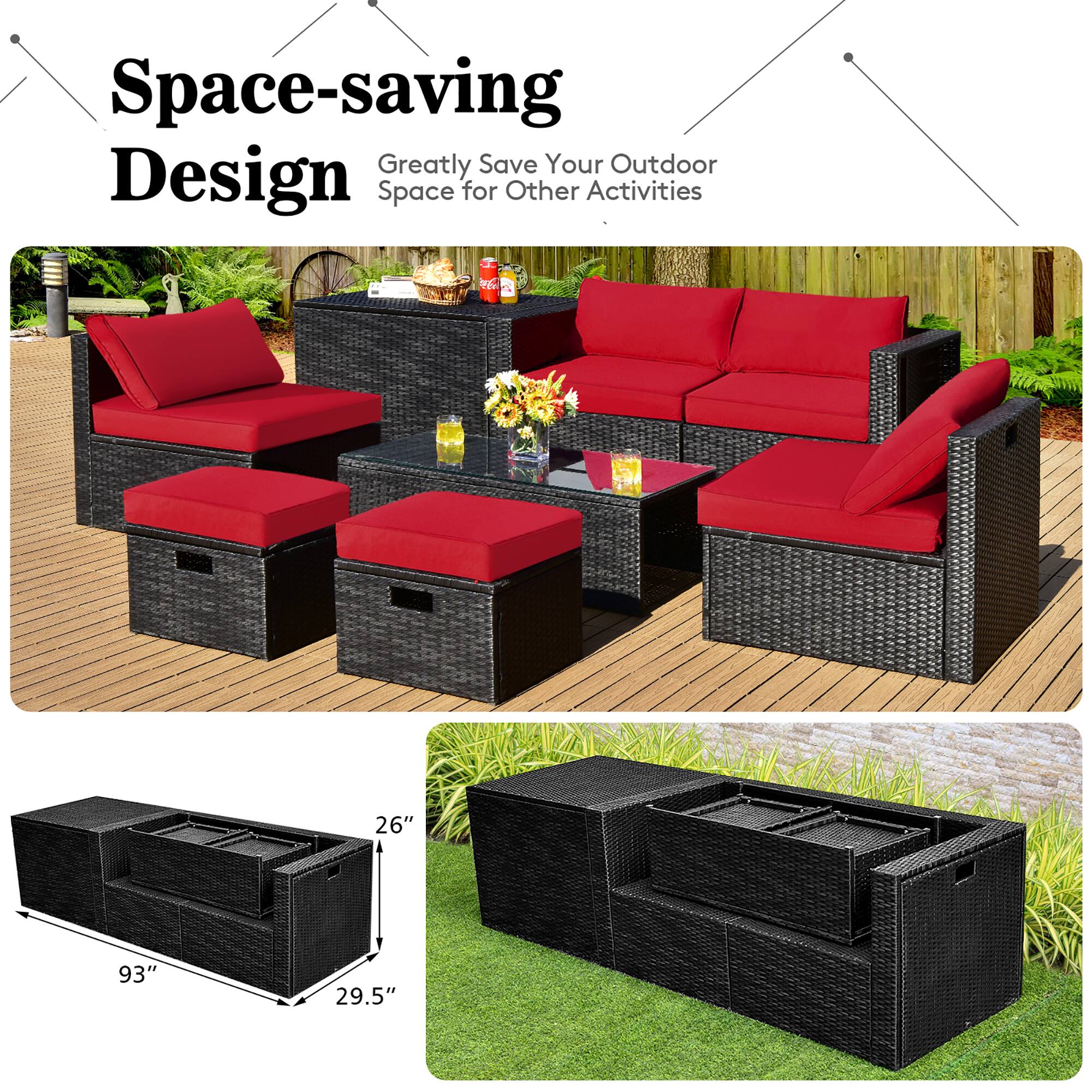 Space-saving Design  
Greatly Save Your Outdoor Space for Other Activities  

26" 93" 29.5"