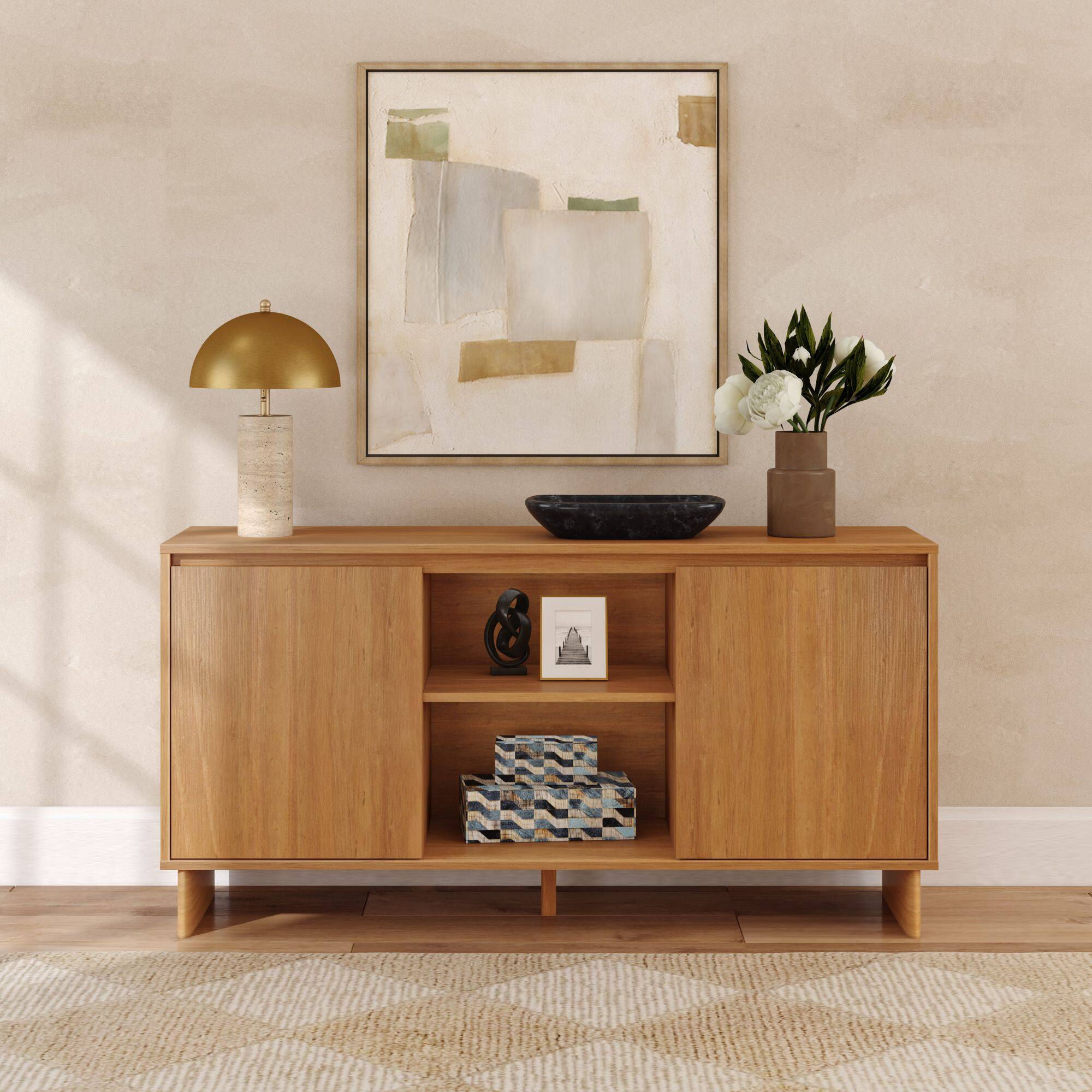 Alt View 8. Plank+Beam - Modern TV Stand/Sideboard, 2 Door w/ Middle Shelf  (1499 x 406 x 762mm / 59 x 16 x 30in), Pecan - Pecan.