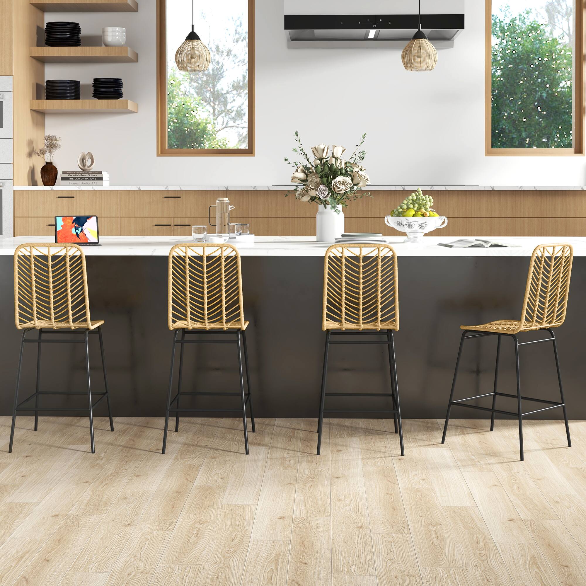 Alt View 1. Homcom - Rattan Bar Stools Set of 4, 26" Counter Height, Boho Kitchen Island Stools - Yellow.