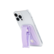 The image features a white cell phone with a purple case and a purple handle. The handle is designed to make it easier to grip the phone, providing a secure and comfortable hold. The phone is positioned in a vertical orientation, showcasing its sleek design and the purple case.
